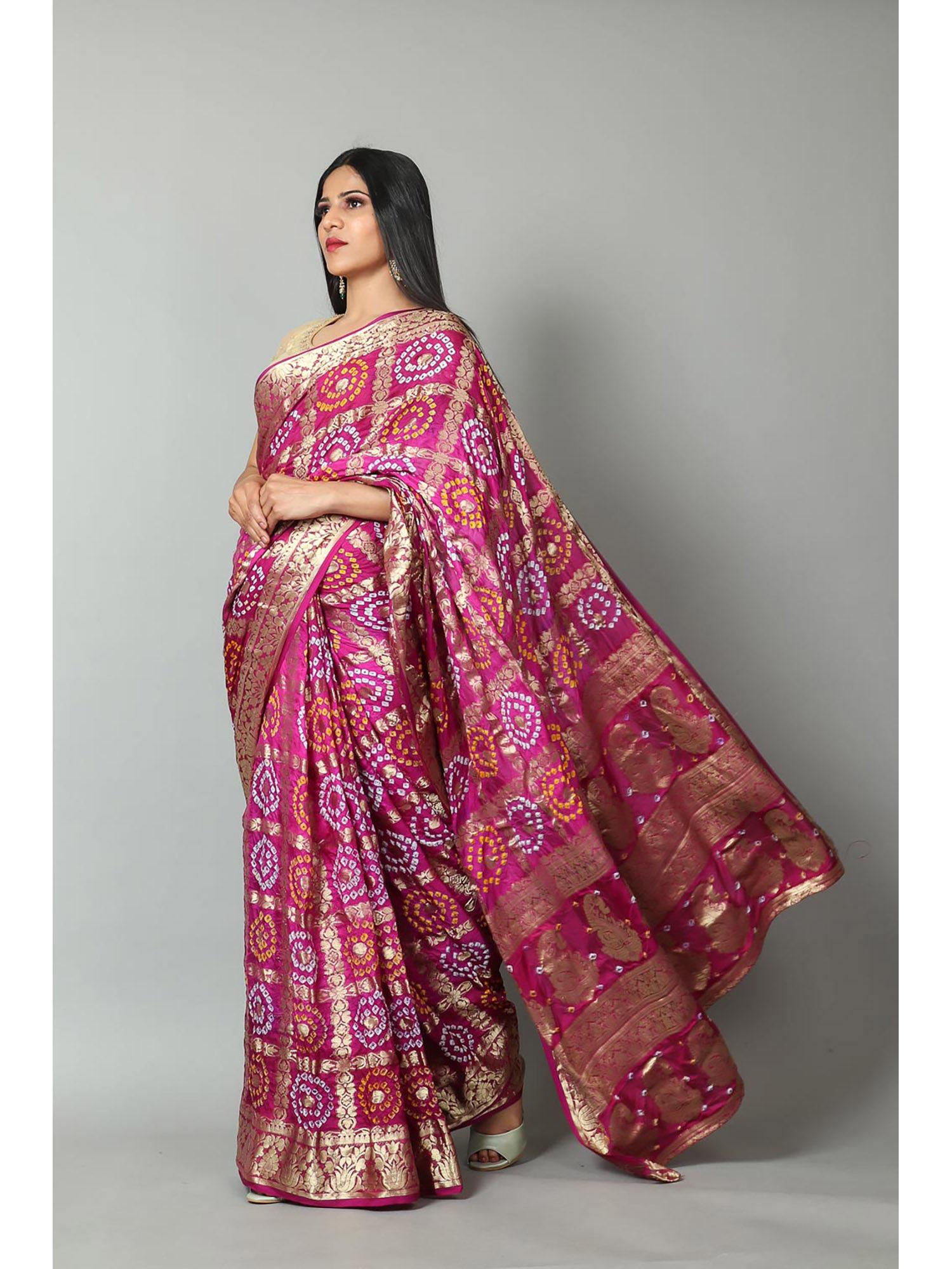 womens bandhani and banarasi saree and blouse fabric-pink