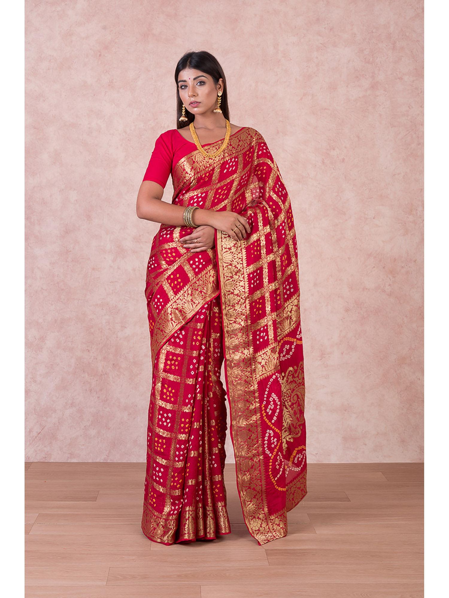 womens bandhani and banarasi saree and blouse fabric-red