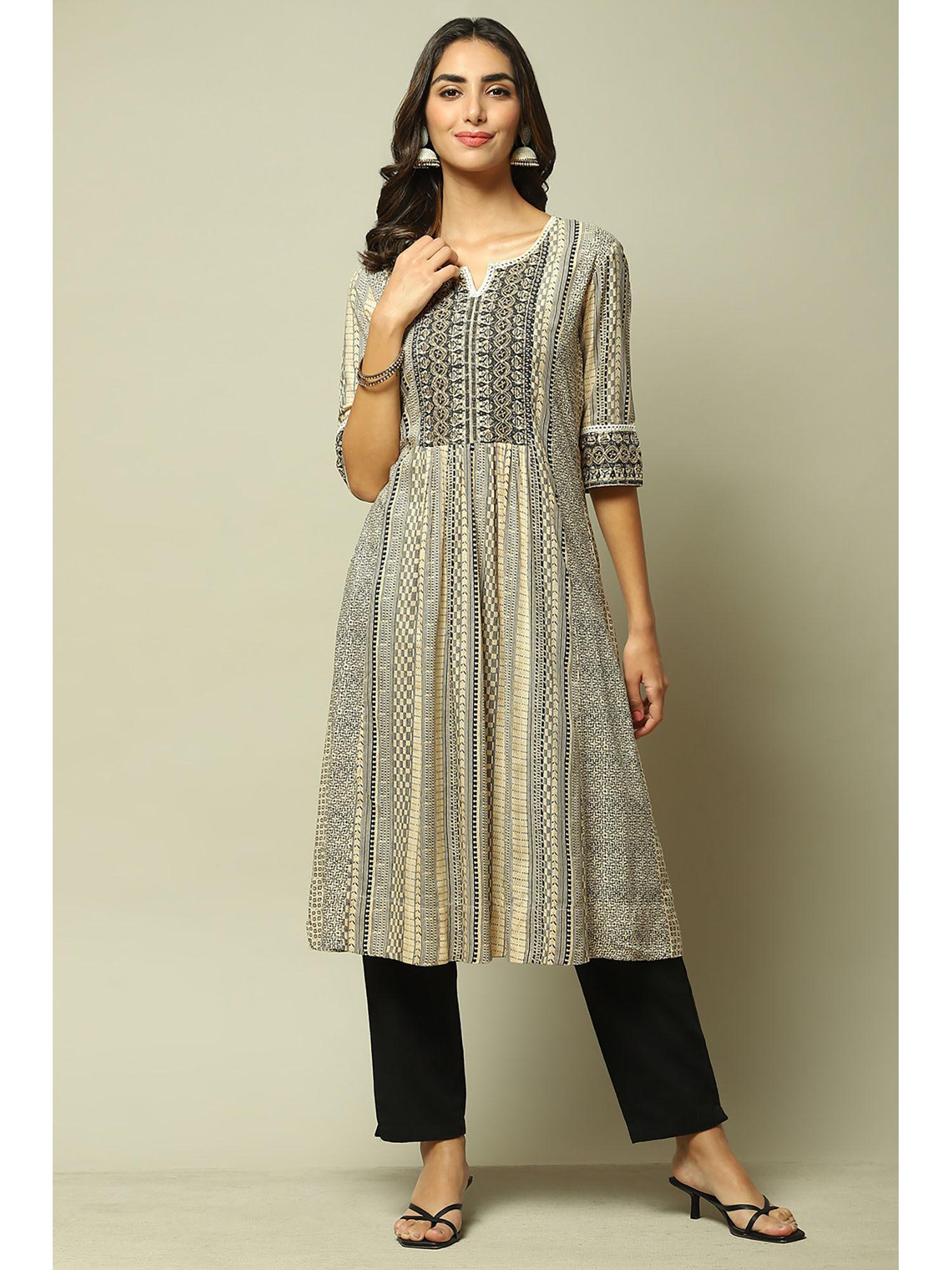 womens beige/black printed rayon straight kurta