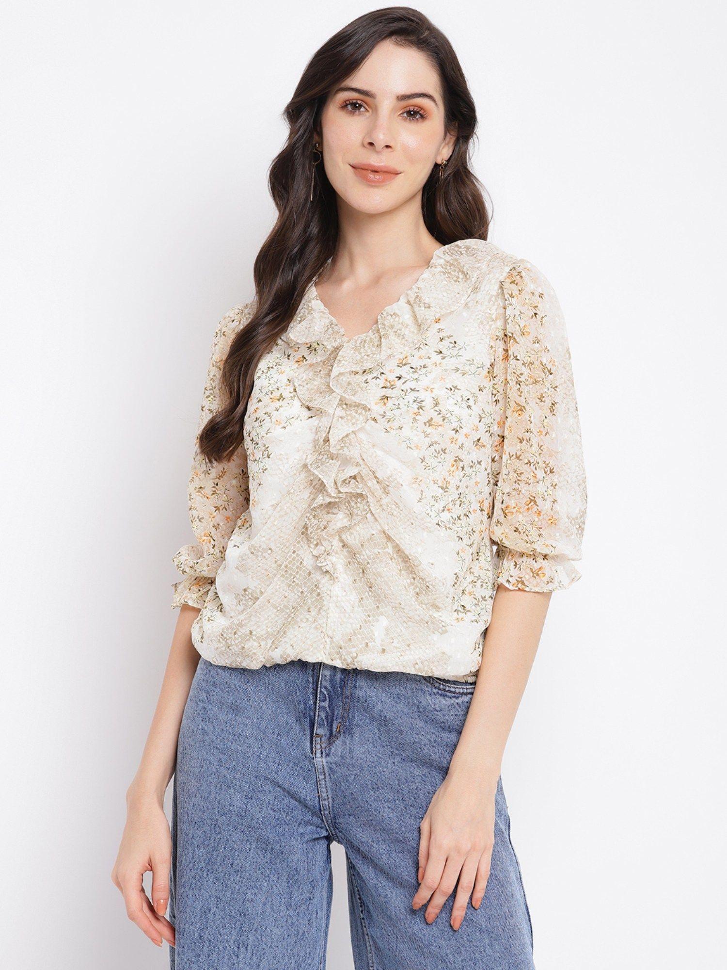 womens beige 3-4th sleeve printed blouse