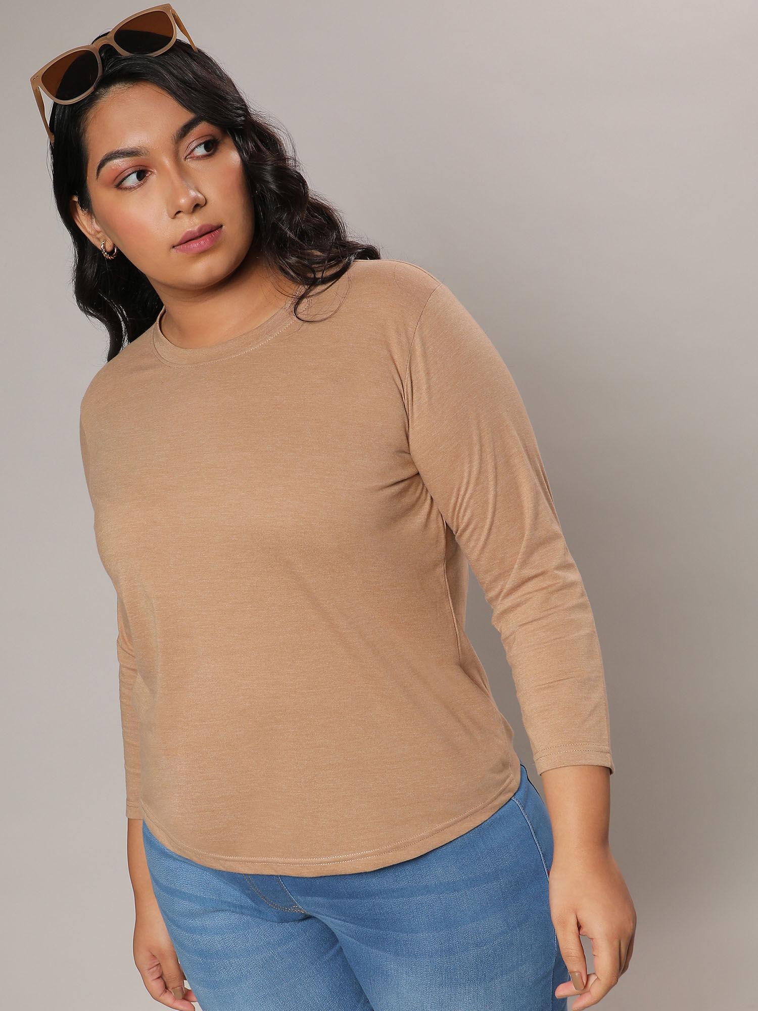 womens beige basic solid round neck t-shirt