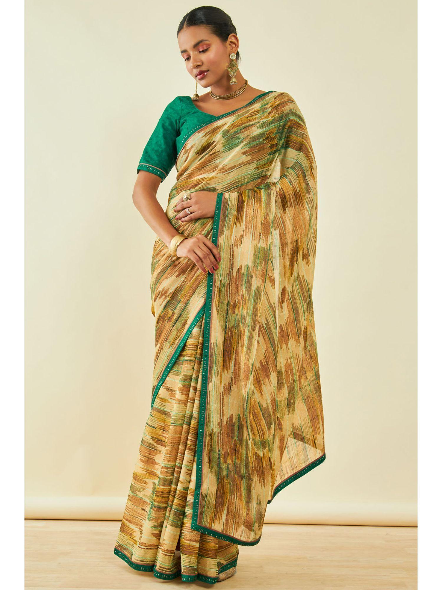 womens beige chiffon abstract print saree with beads with unstitched blouse