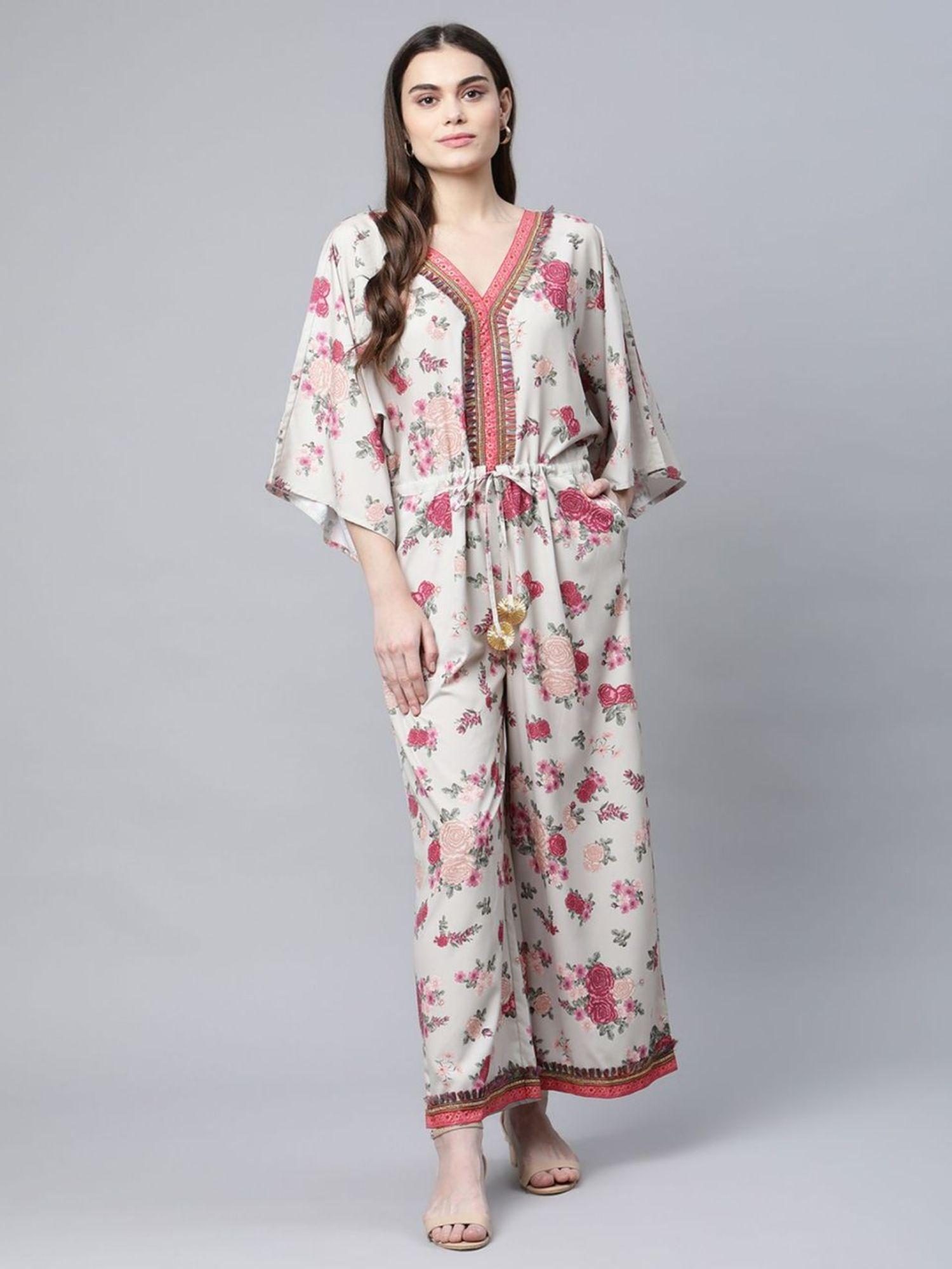 womens beige crepe digital floral print jumpsuit