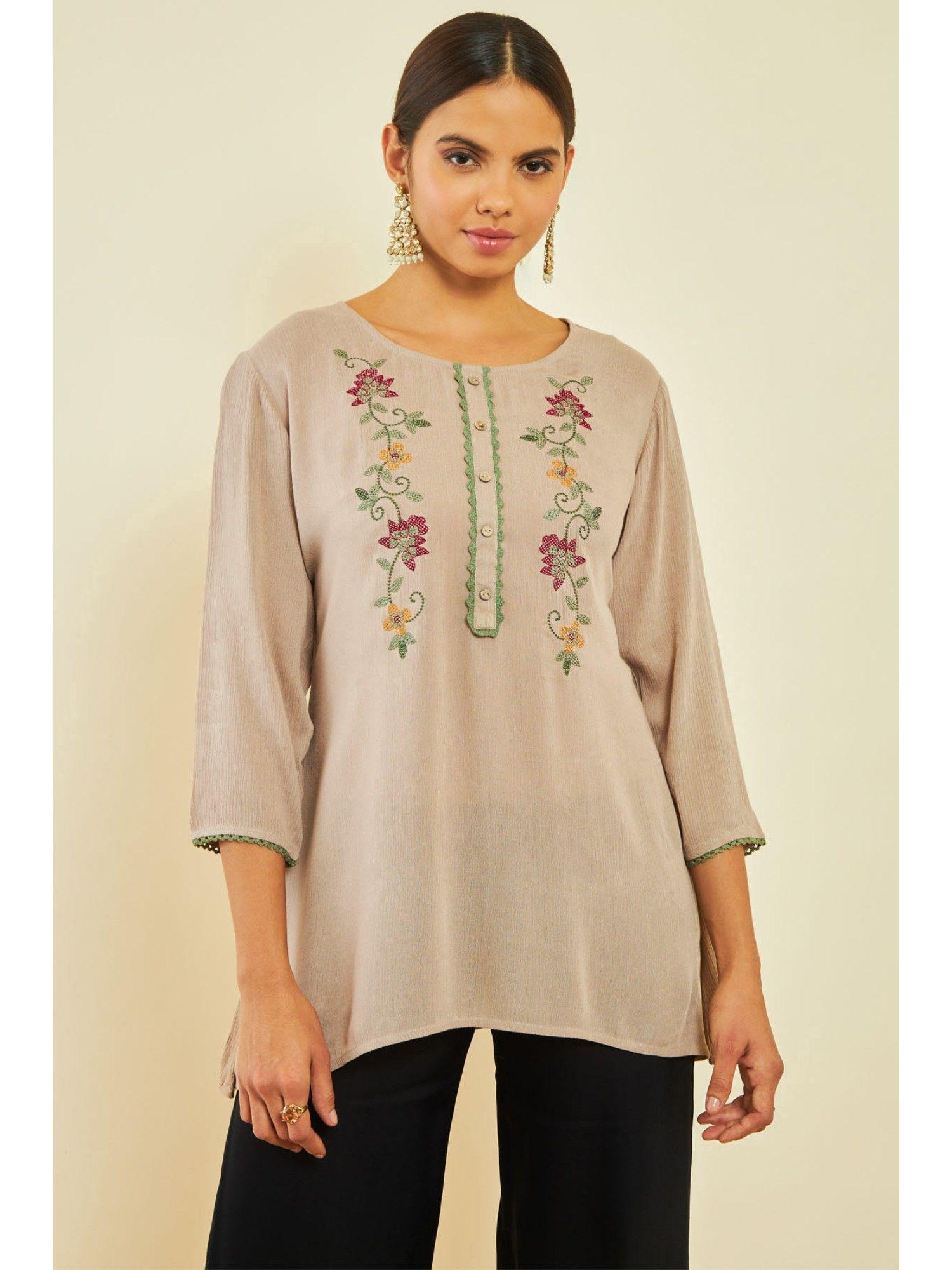 womens beige crepe embroidered tunic with thread work