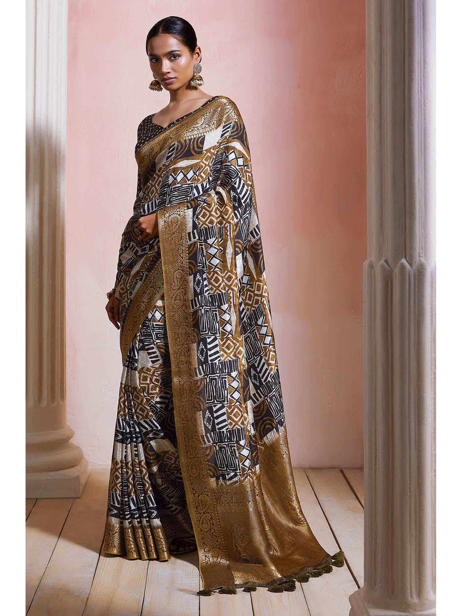 womens beige crepe geometric print zari woven designs saree with unstitched blouse