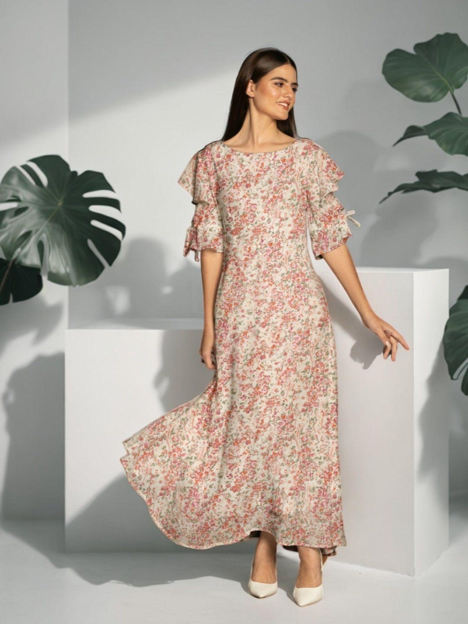 womens beige floral print flared maxi dress