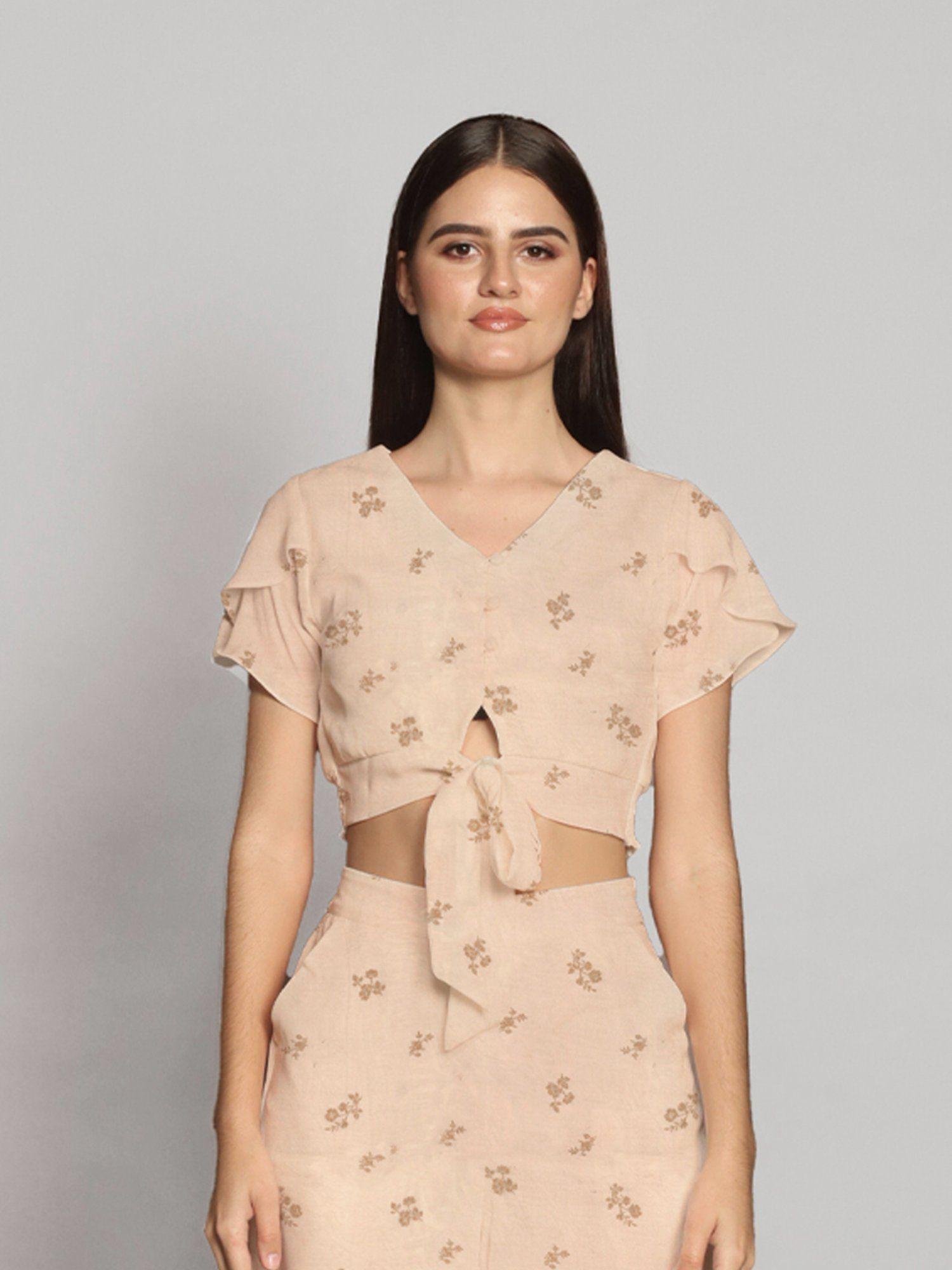 womens beige floral print tie-up crop top