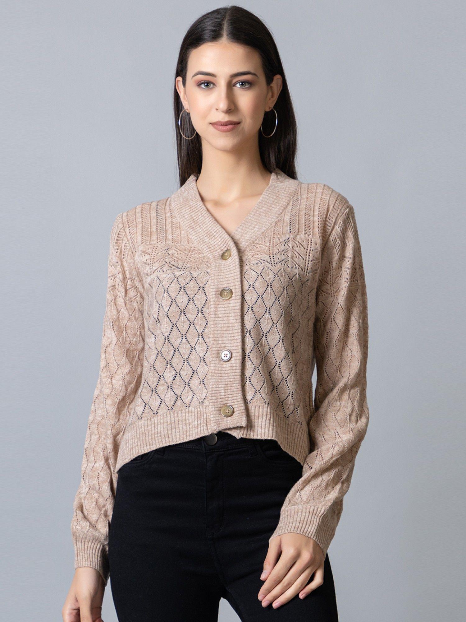 womens beige full sleeve v neck ribbed cardigan