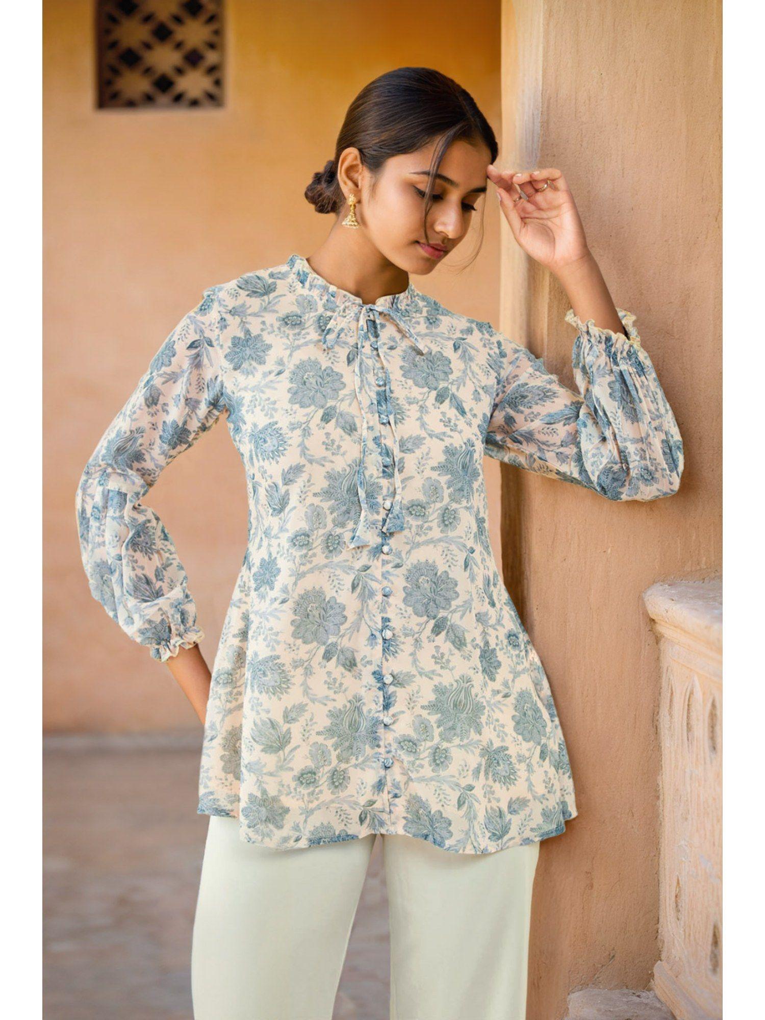 womens beige georgette floral print tunic