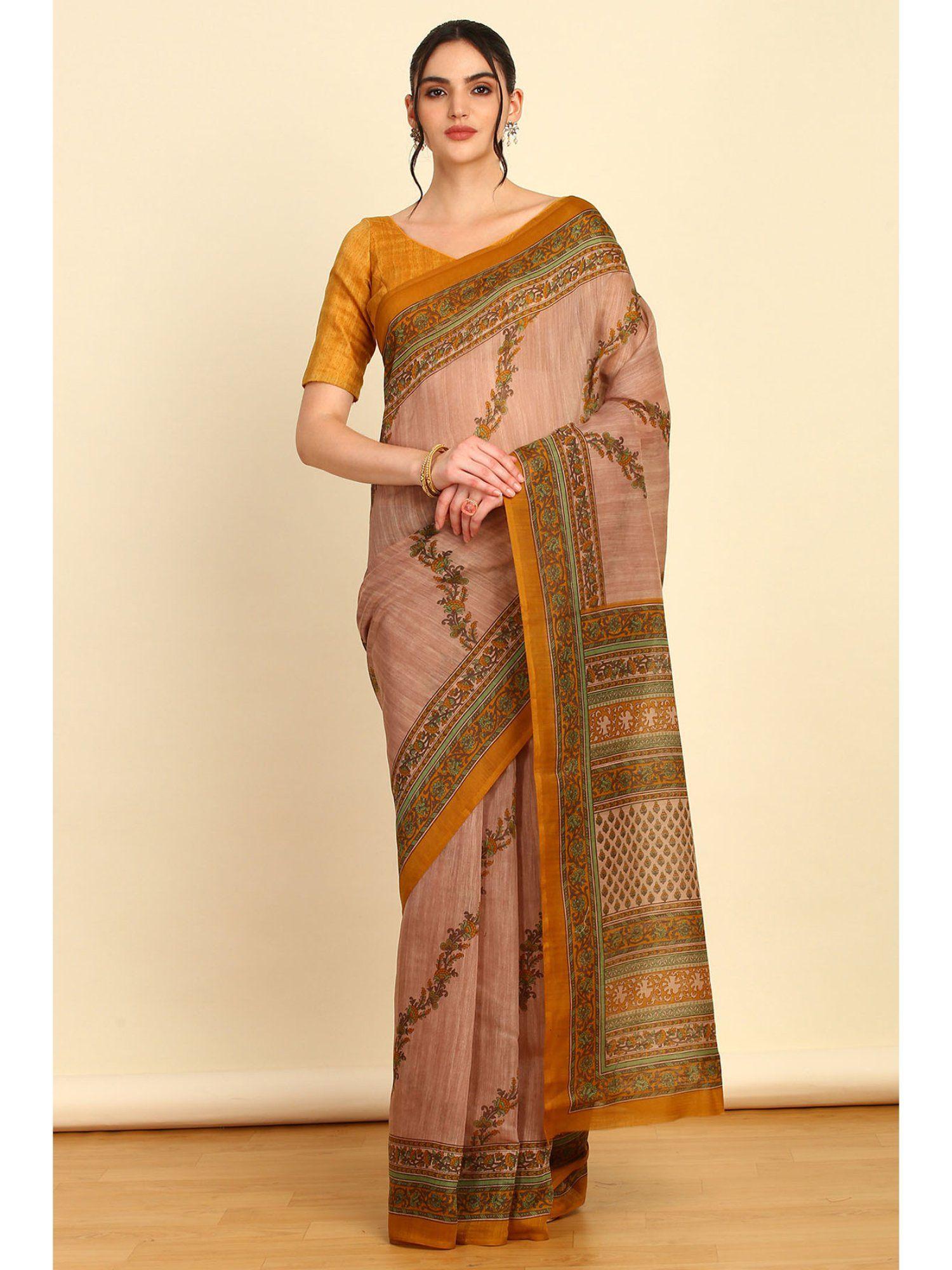 womens beige linen floral print saree with unstitched blouse