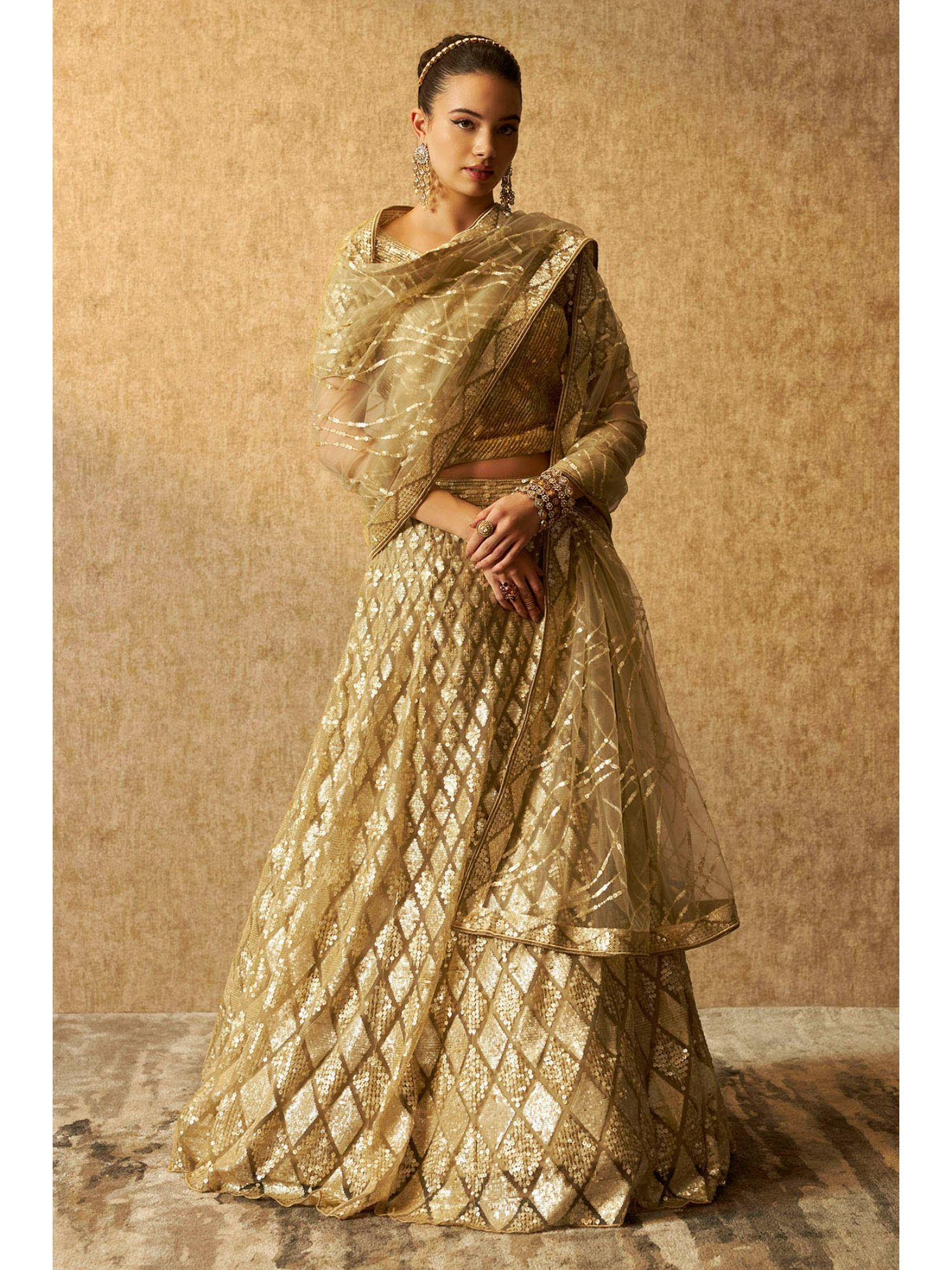 womens beige net embellished unstitched lehenga choli (set of 3)