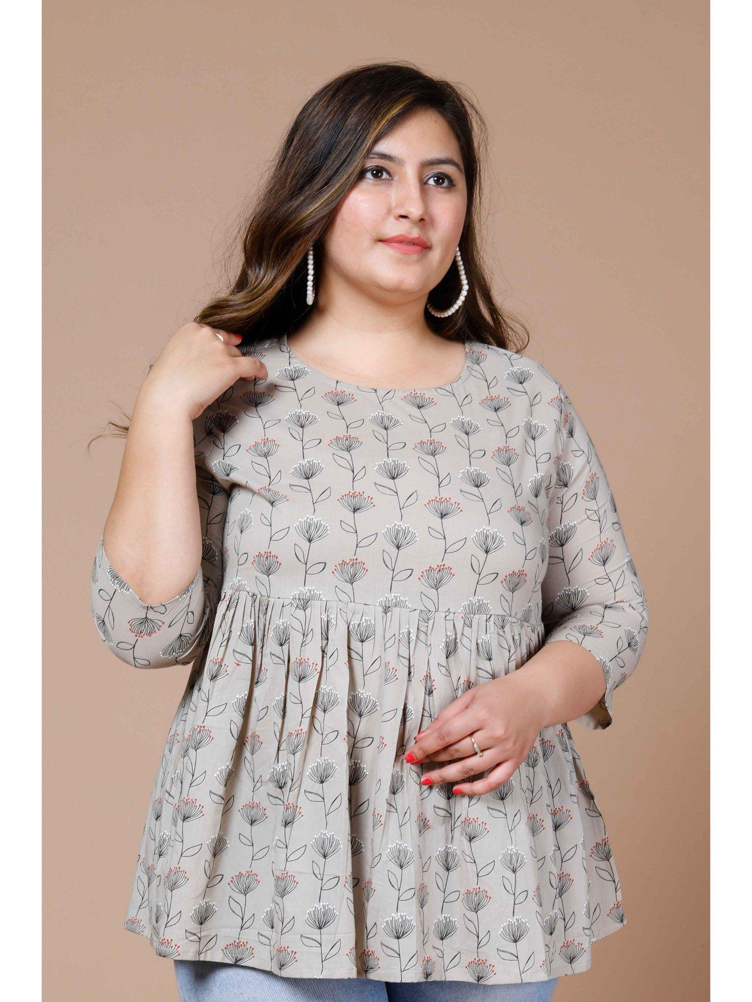 womens beige plus size cotton floral printed short kurti