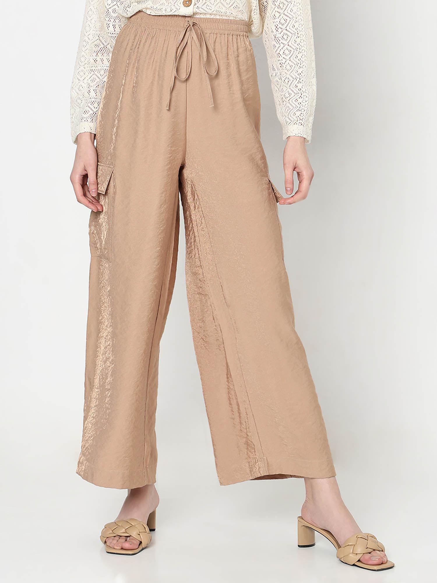 womens beige polyester solid wide pant