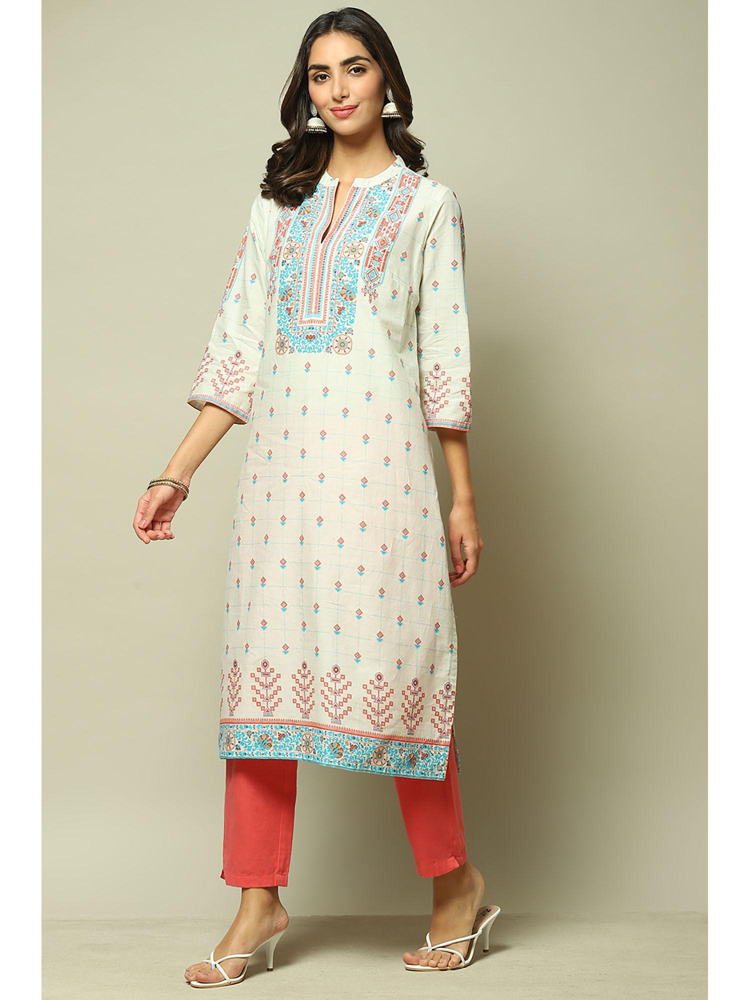 womens beige printed cotton straight kurta