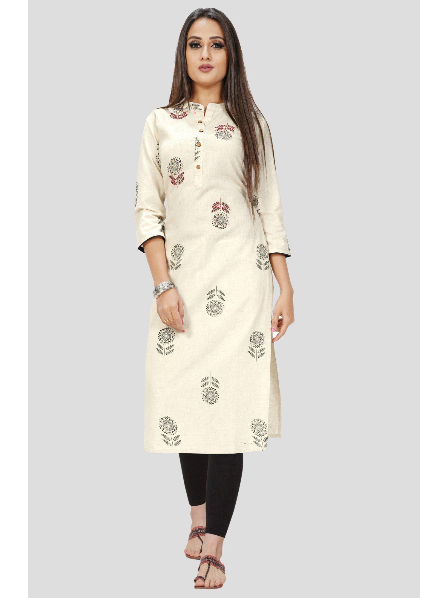 womens beige pure cotton jaipuri printed kurta