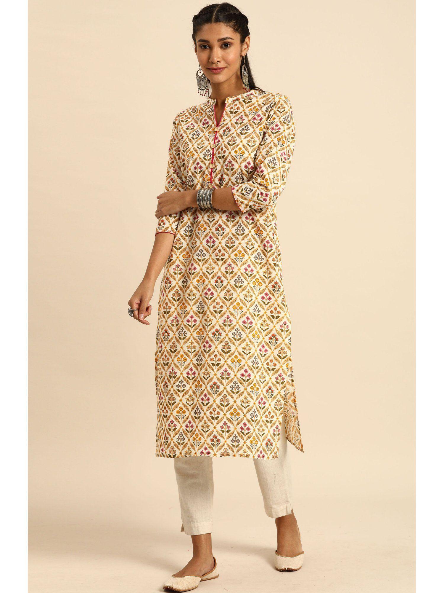 womens beige pure cotton jaipuri printed kurta