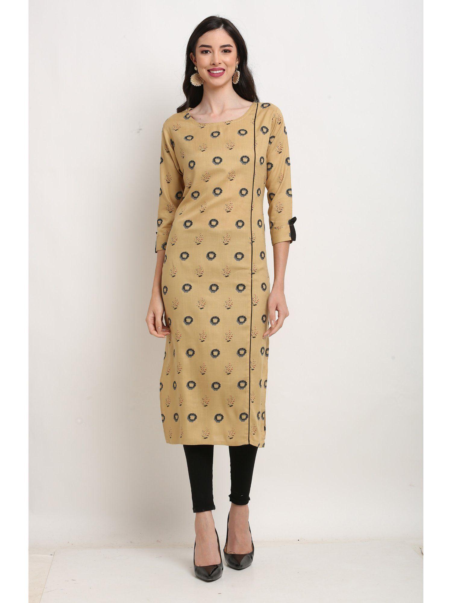 womens beige pure cotton jaipuri printed kurta