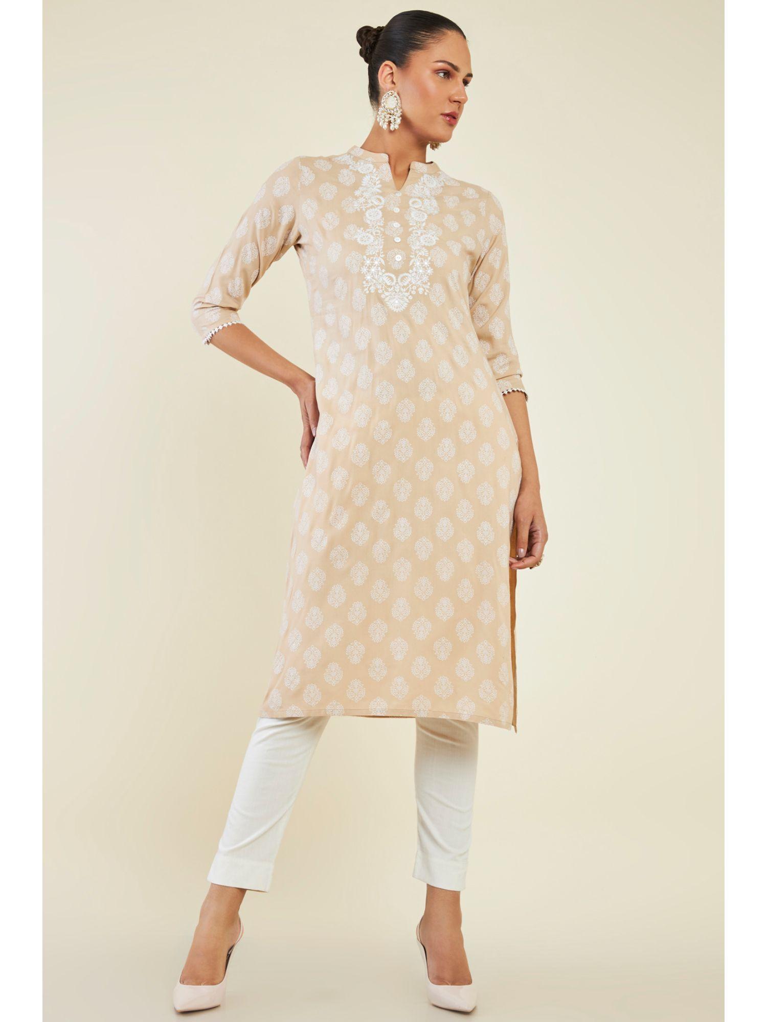 womens beige rayon floral kurta