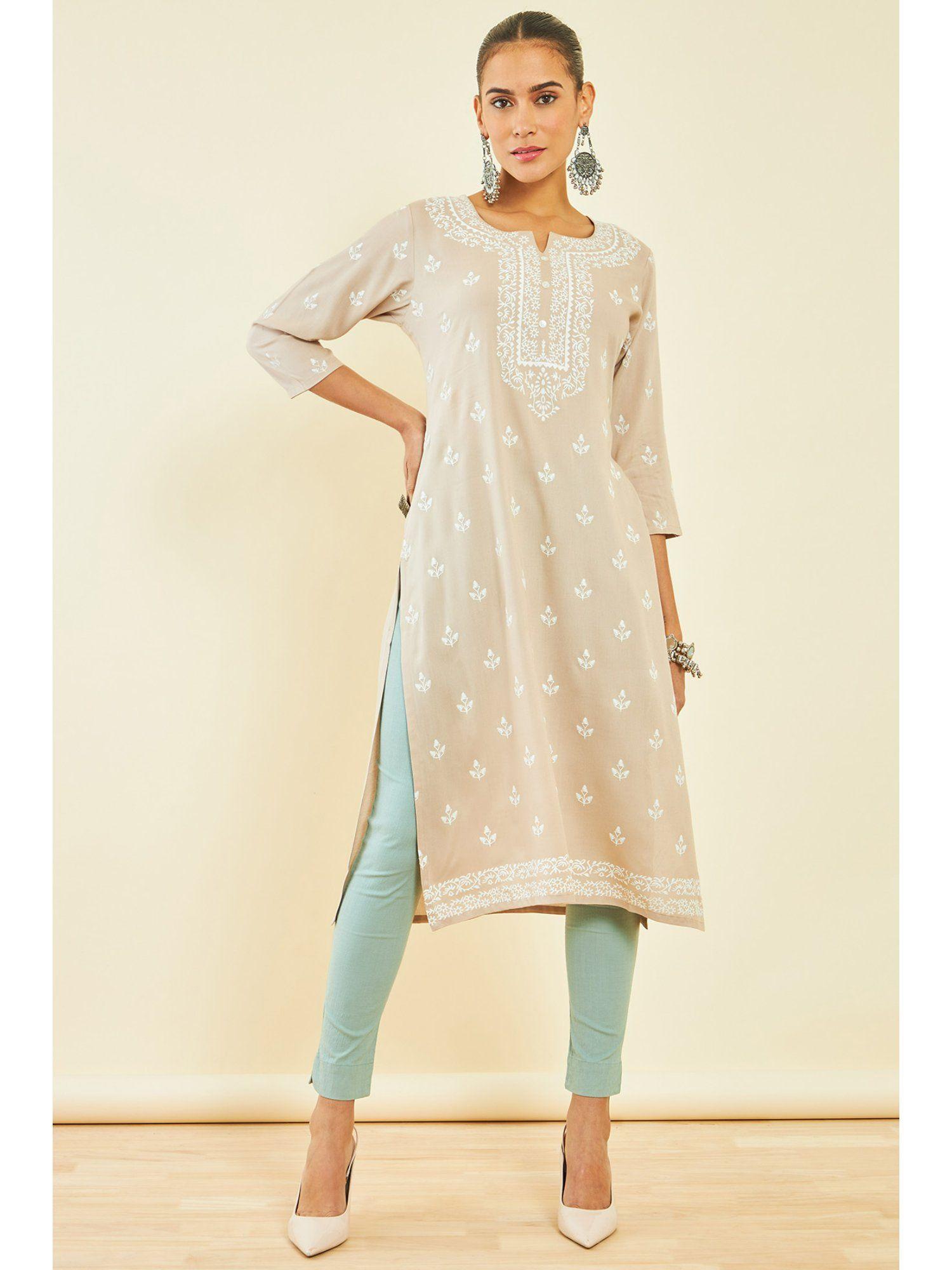 womens beige rayon kurta with ethnic print