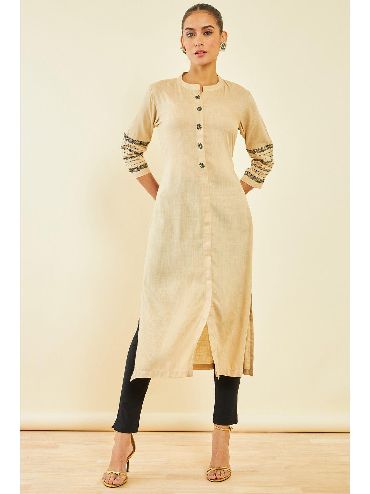 womens beige rayon slub kurta with ethnic embroidery