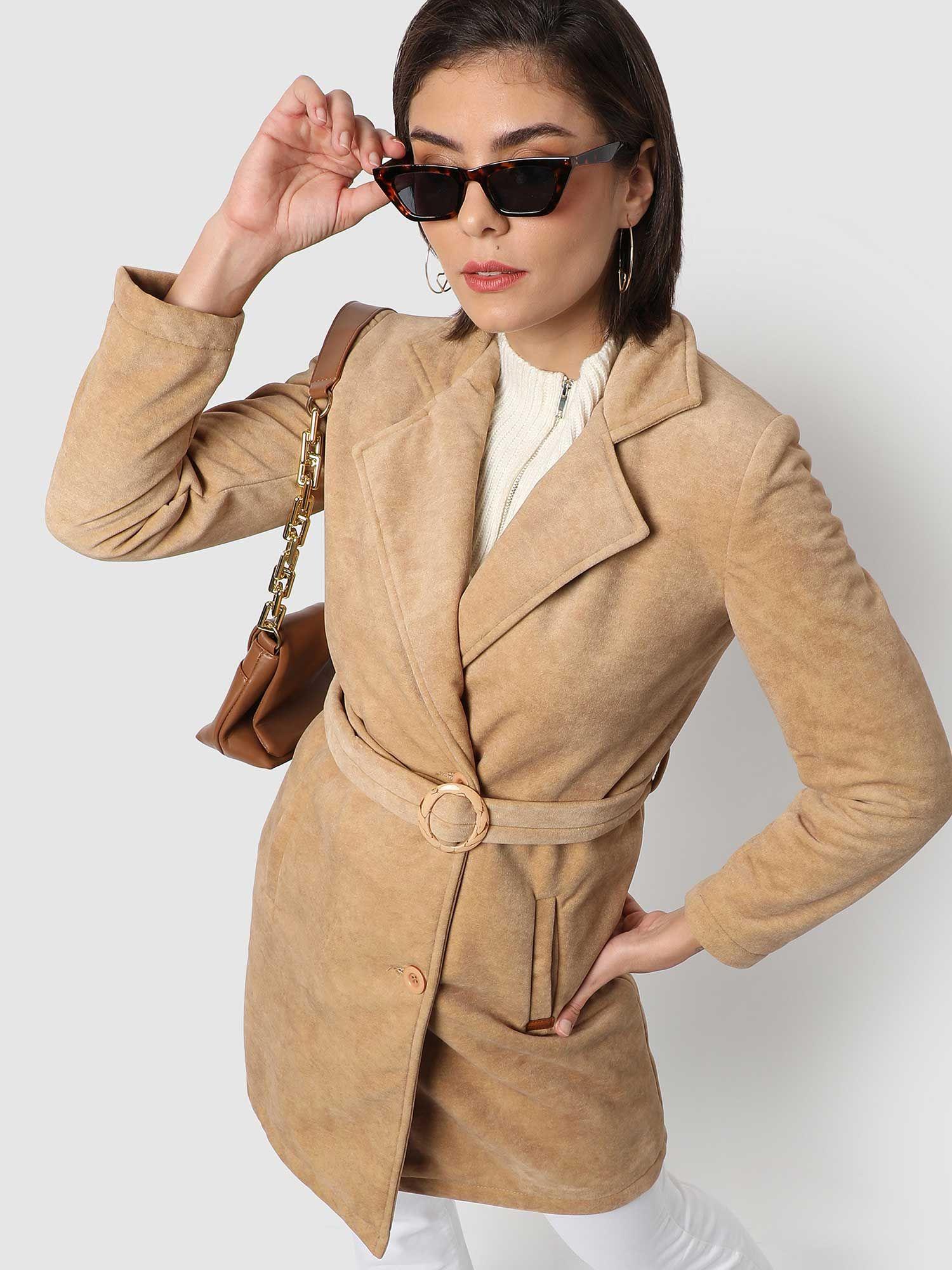 womens beige regular fit long coat