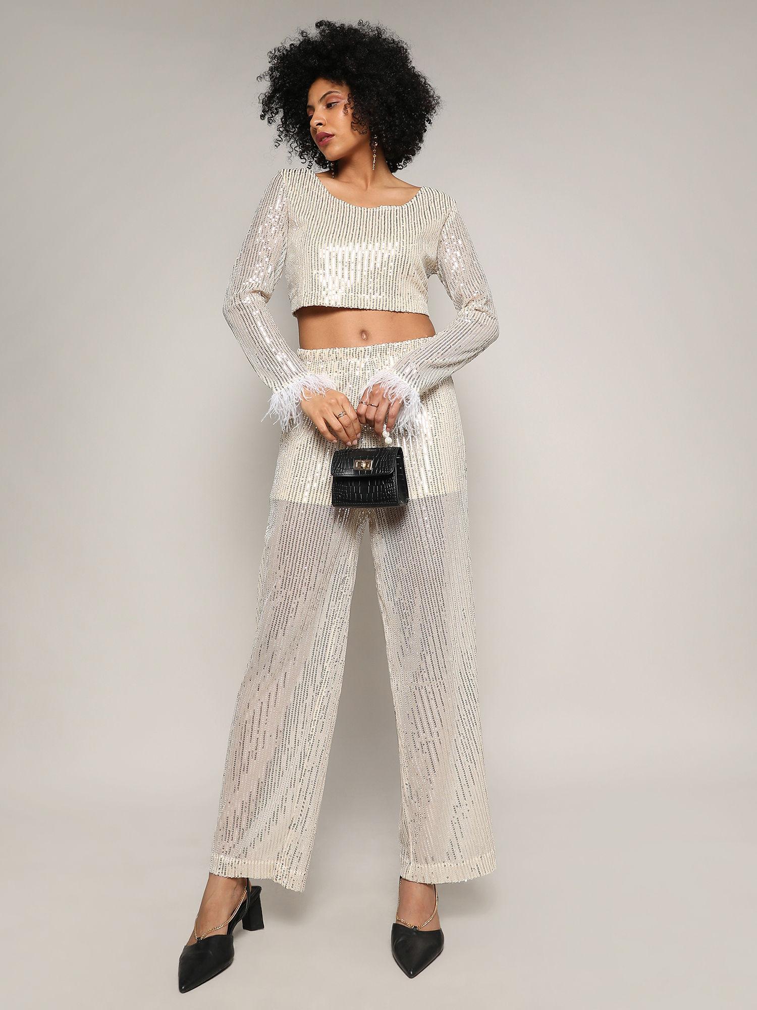 womens beige sheer sequin co-ord (set of 2)