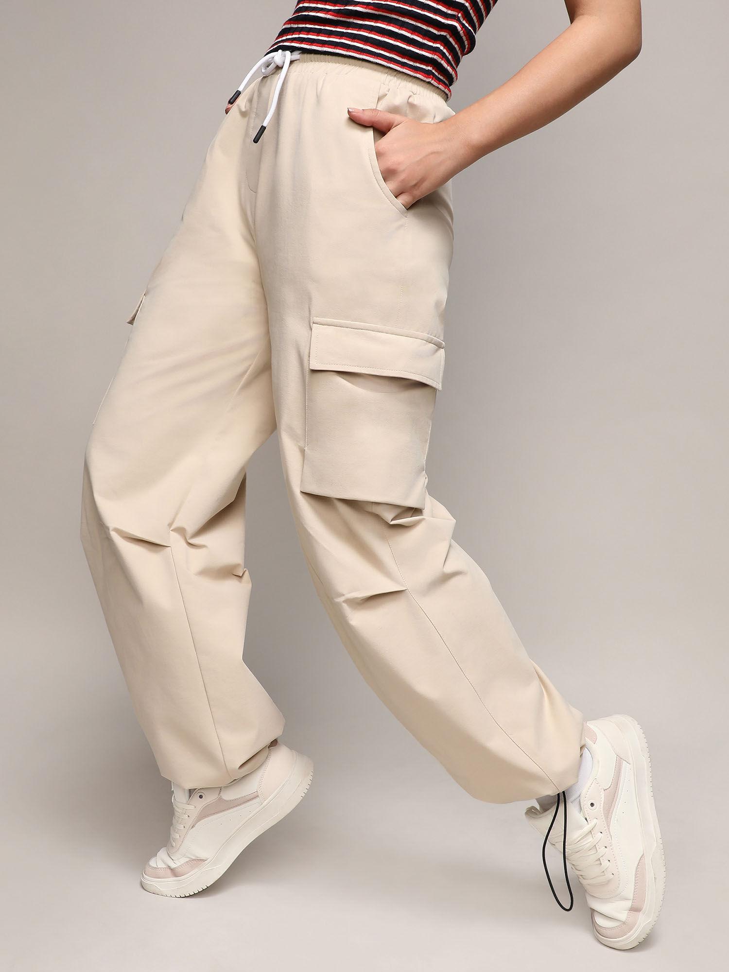 womens beige solid cargo parachute pant