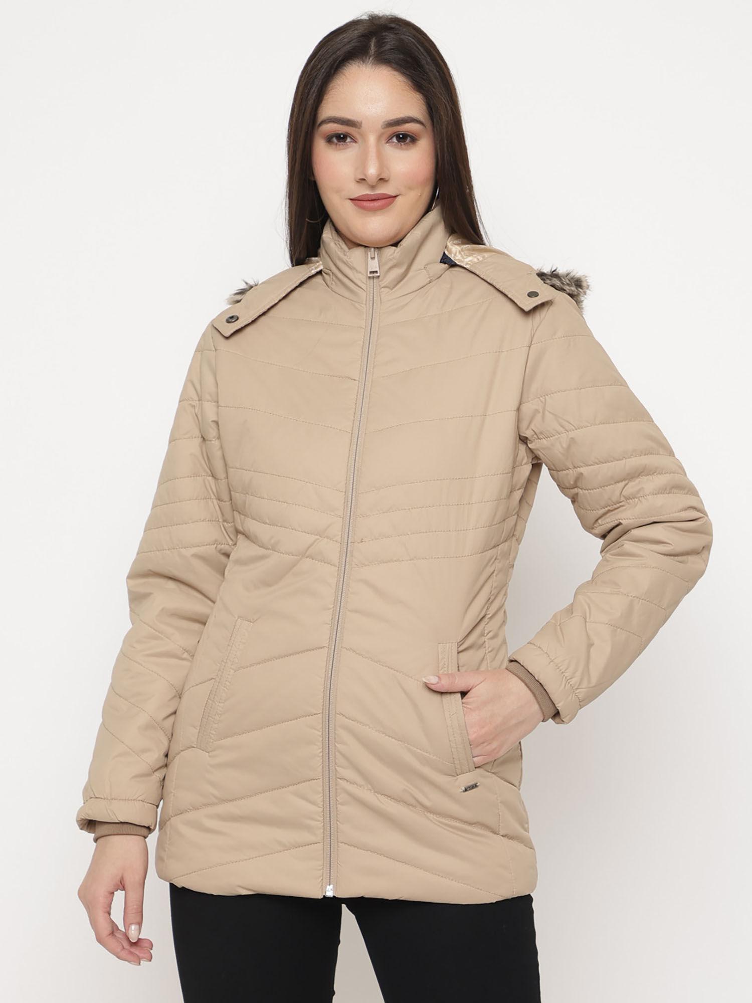 womens beige solid hooded jacket