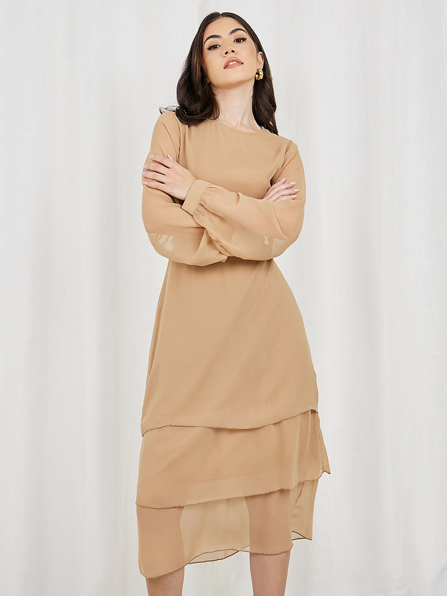 womens beige solid long sleeves layer tiered midi dress