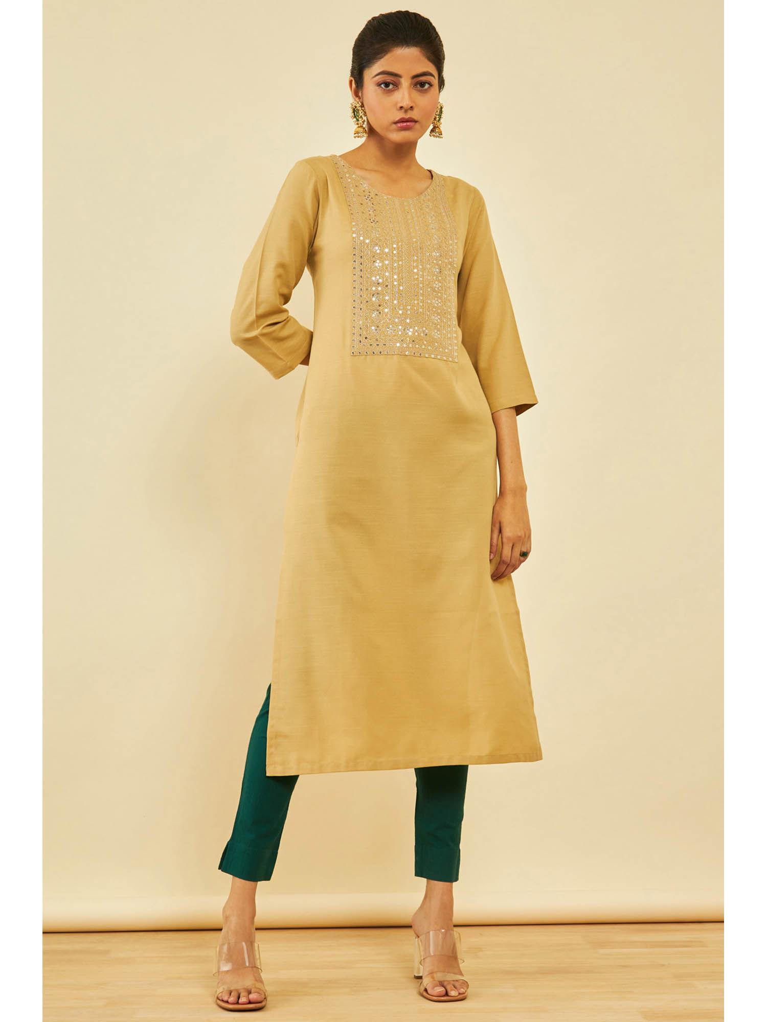 womens beige viscose blend embellished kurta