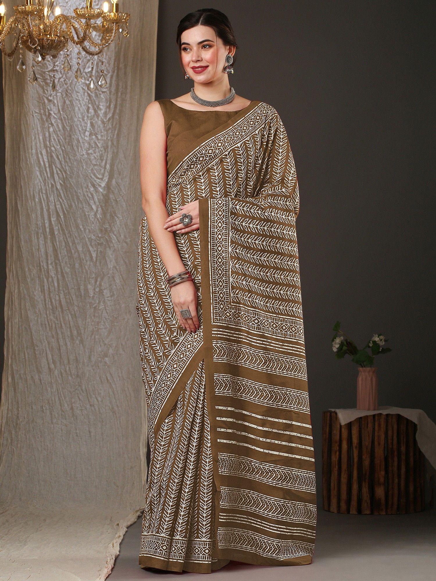 womens bhagalpuri silk olive printed designer saree with unstitched blouse