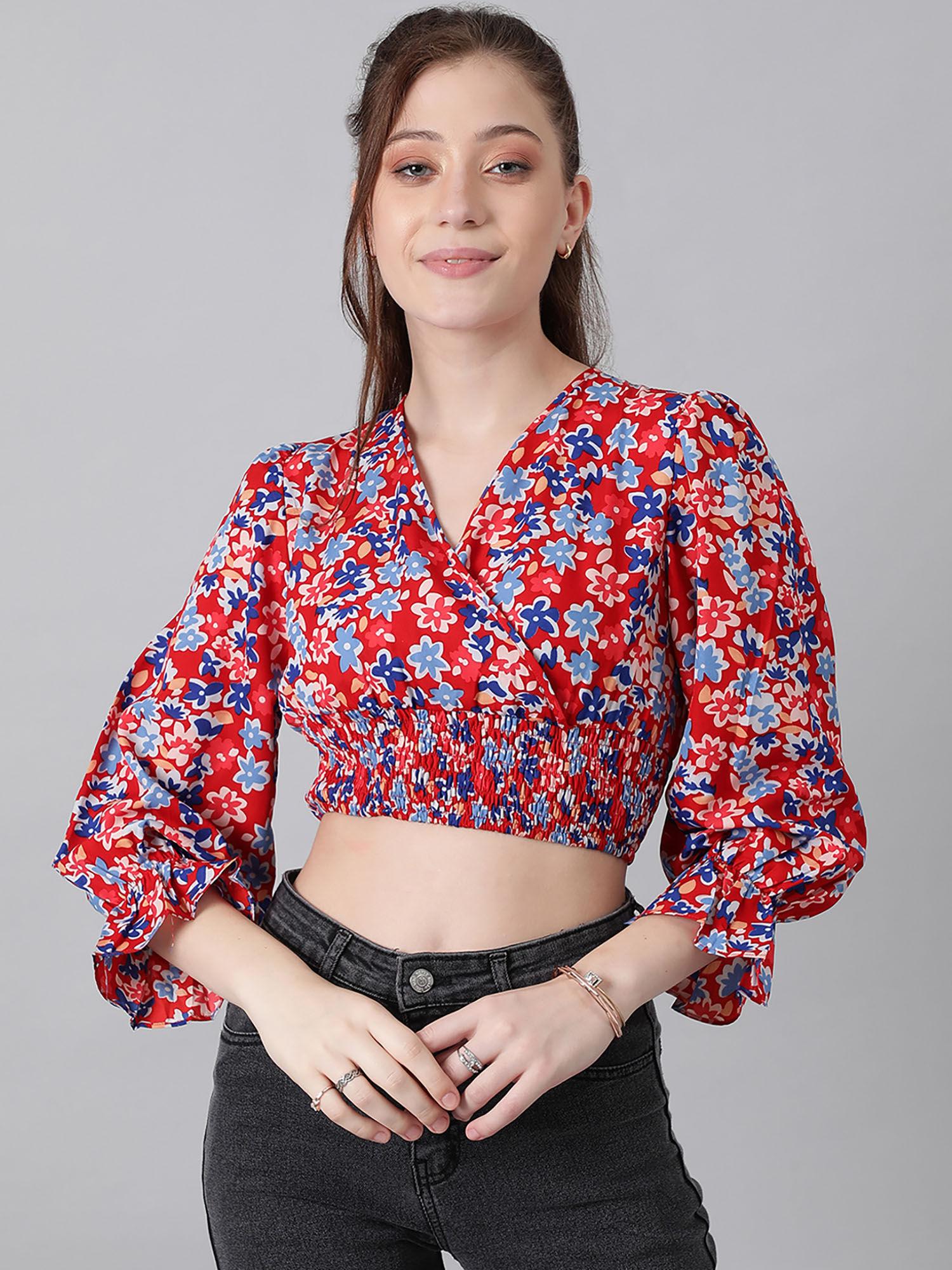 womens bishop sleeve printed red crop top