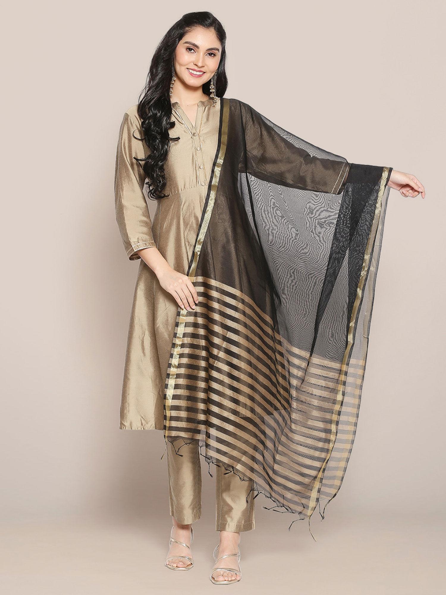 womens black & gold striped blended silk dupatta