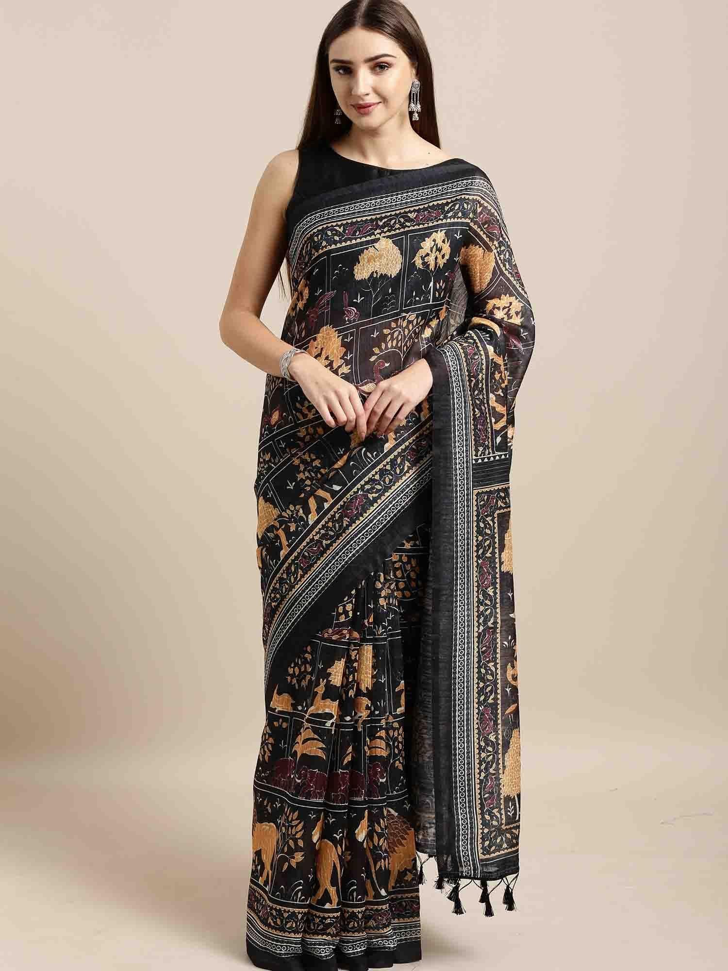 womens black & mustard cotton silk printed traditional saree with unstitched blouse