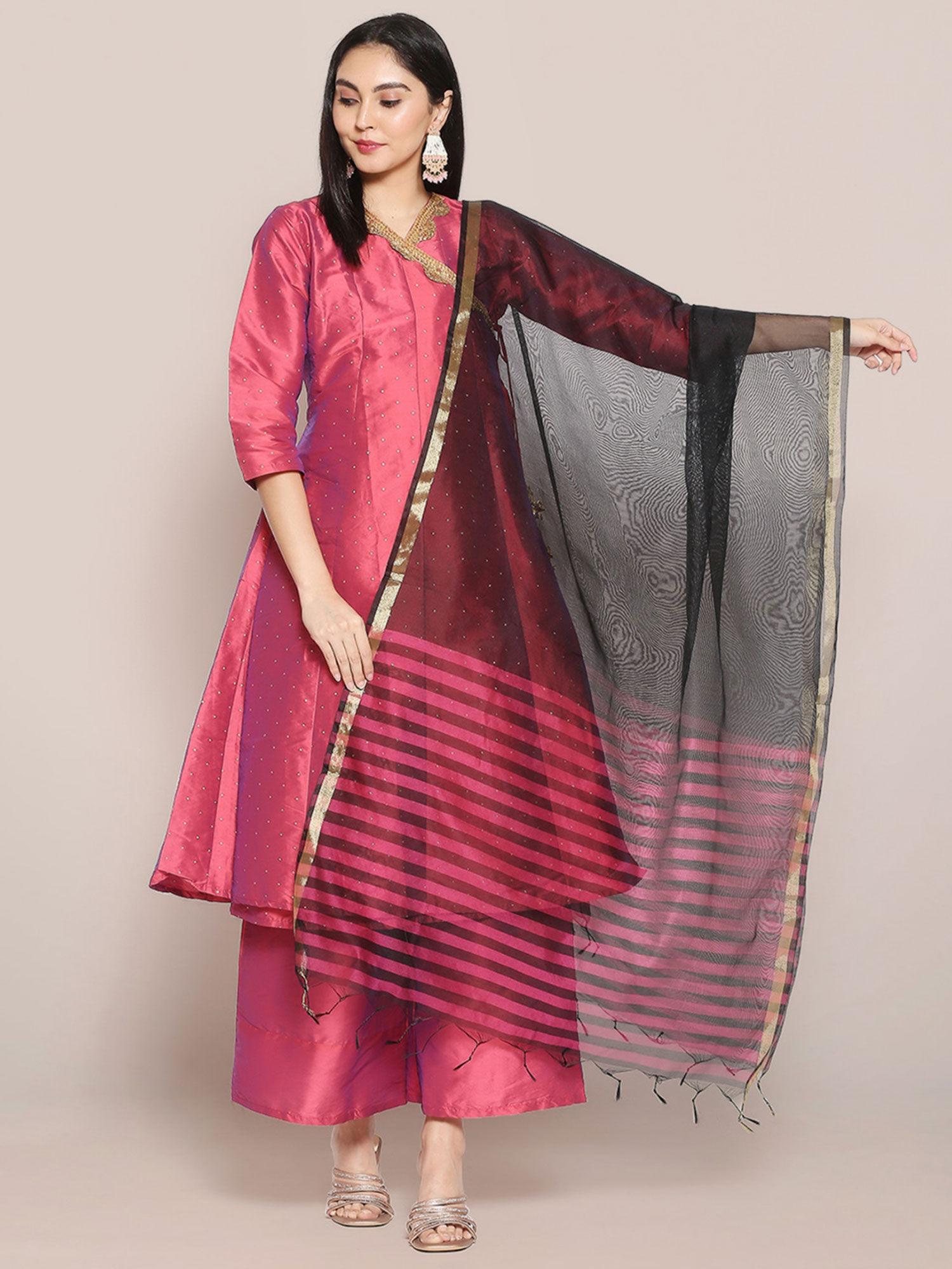 womens black & rani pink striped blended silk dupatta