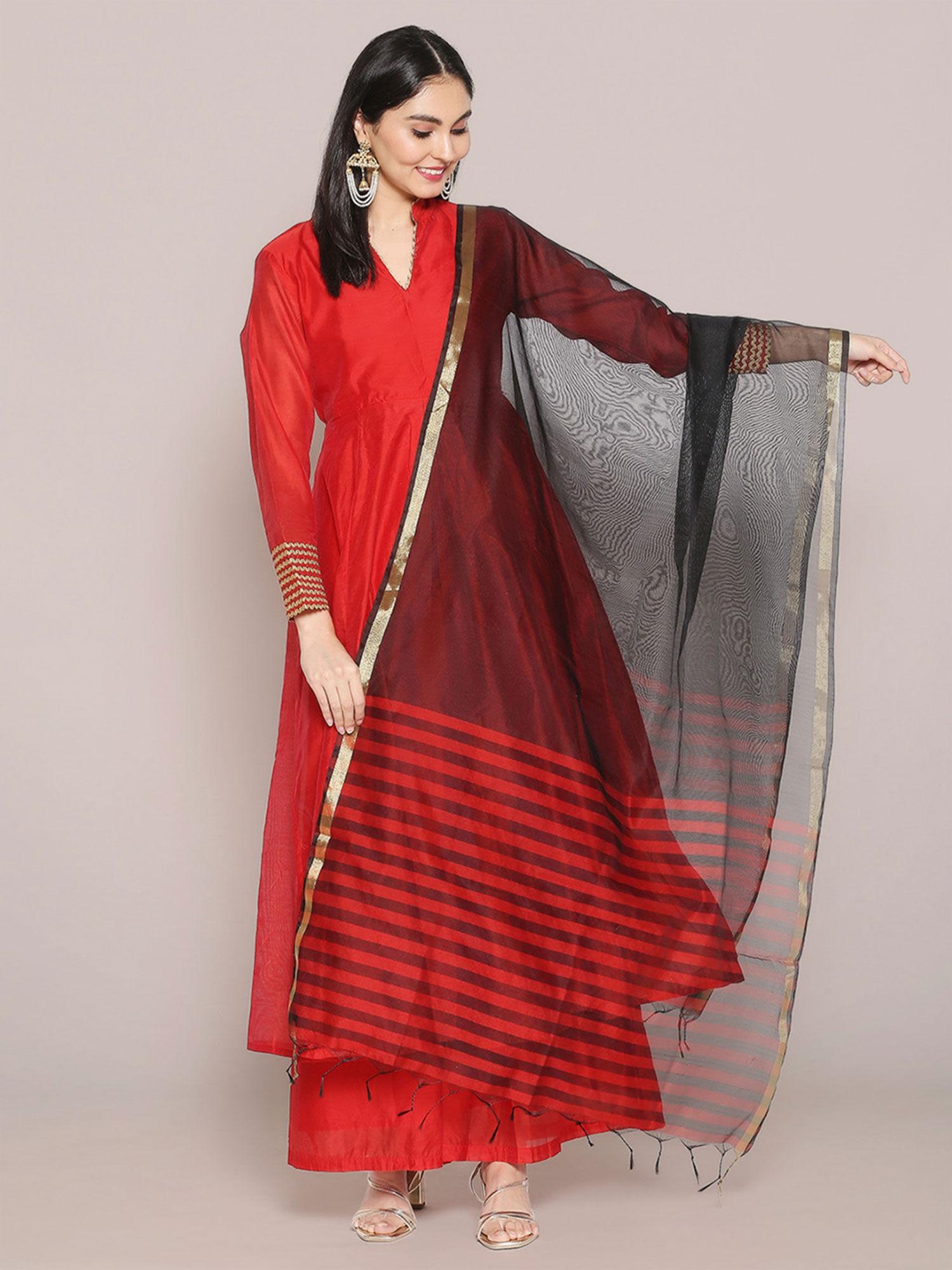 womens black & red striped blended silk dupatta