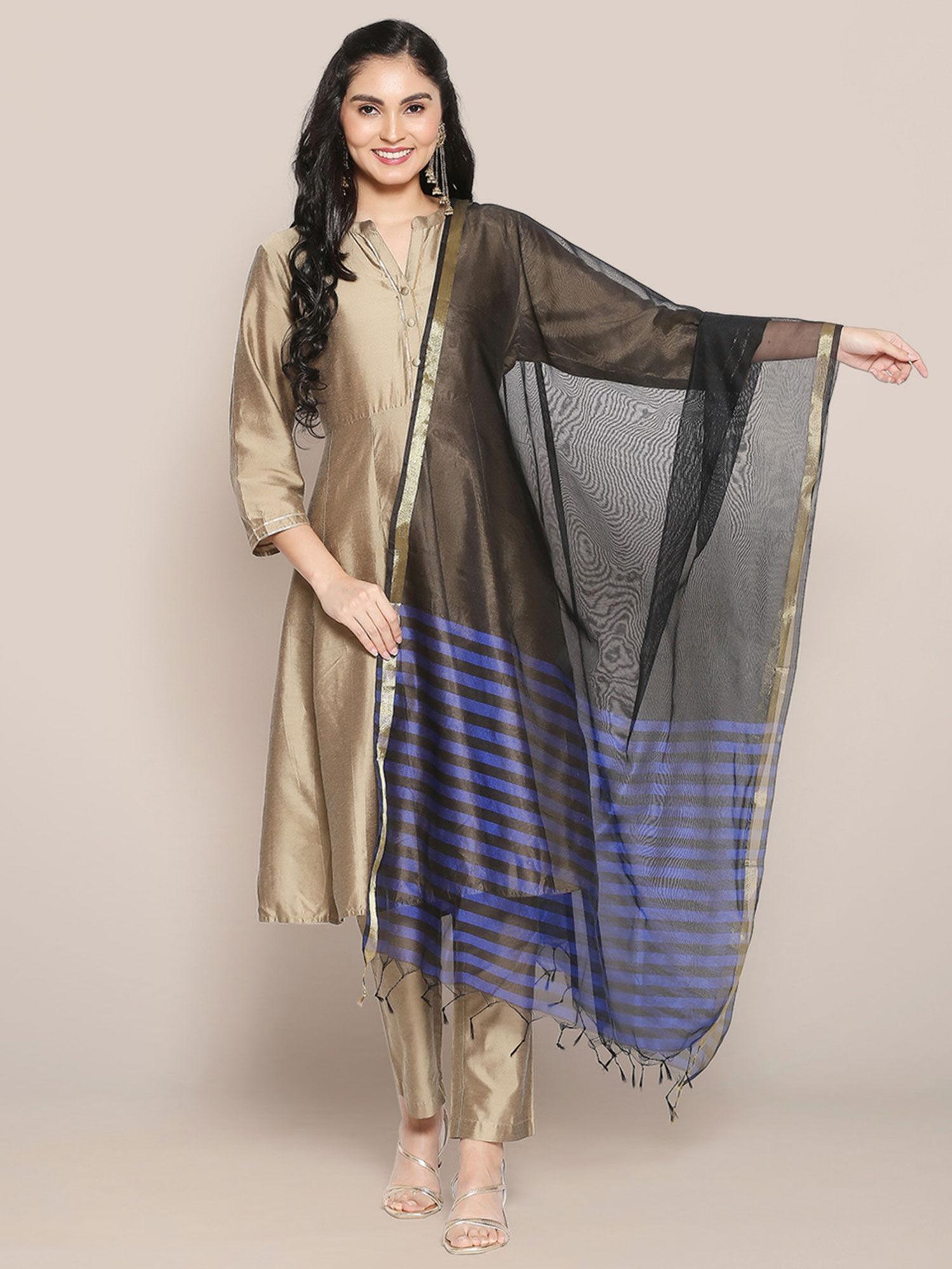 womens black & royal blue striped blended silk dupatta