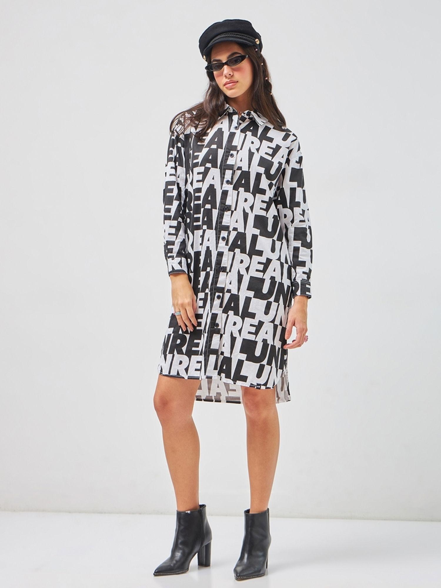 womens black & white all over printed oversized shirt dress