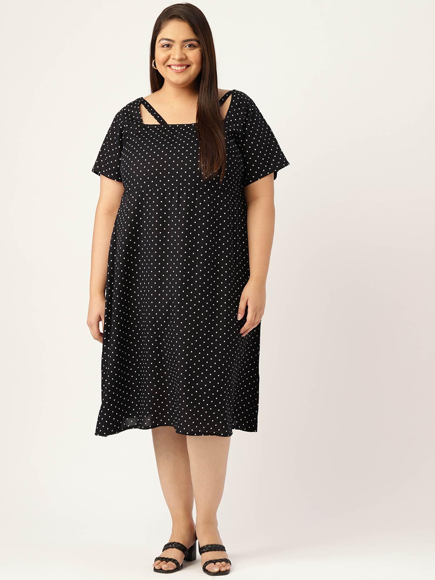 womens black & white polka dot printed neck stripe a-line midi dress