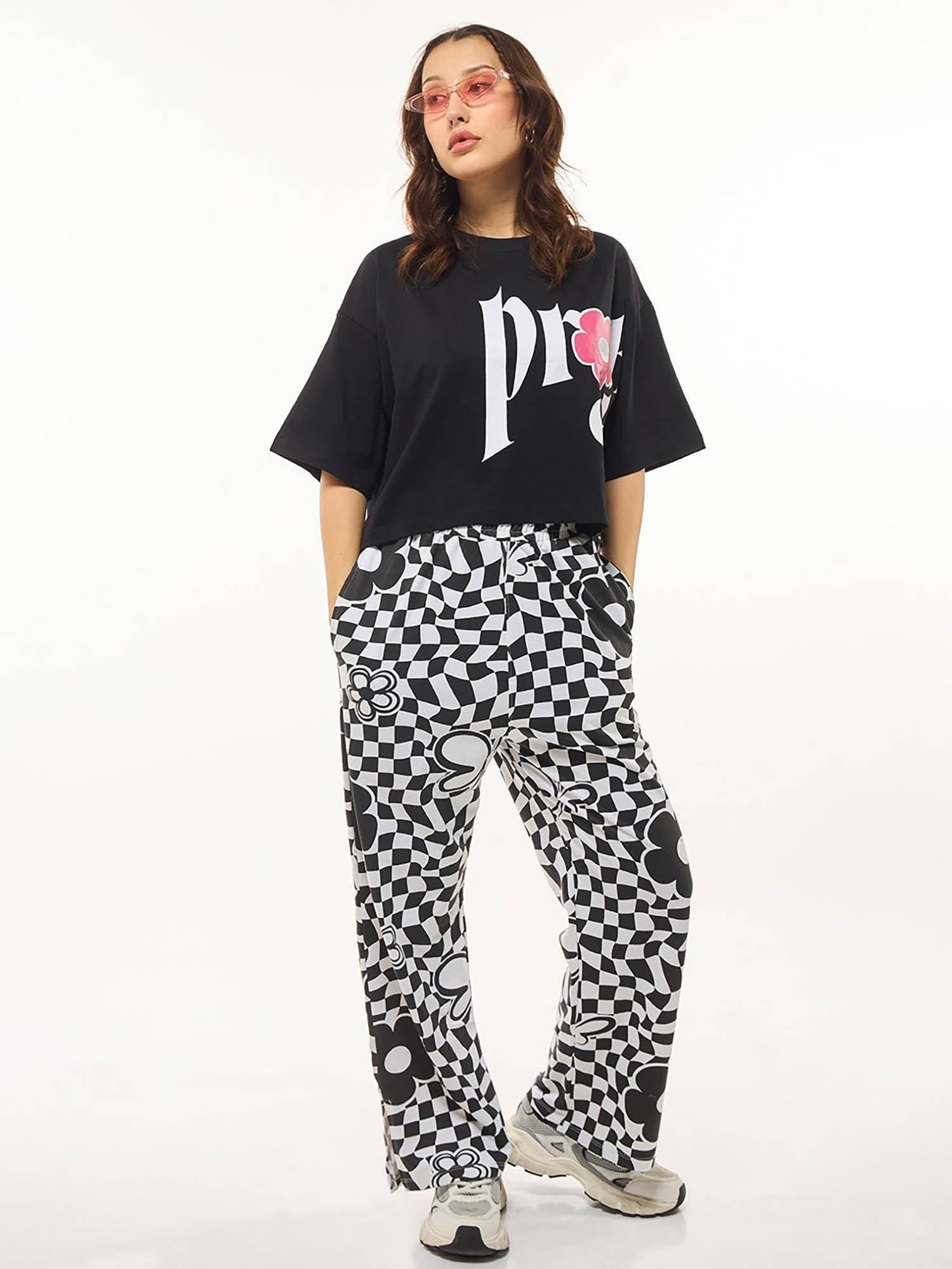 womens black & white problem child graphic printed co-ord (set of 2)