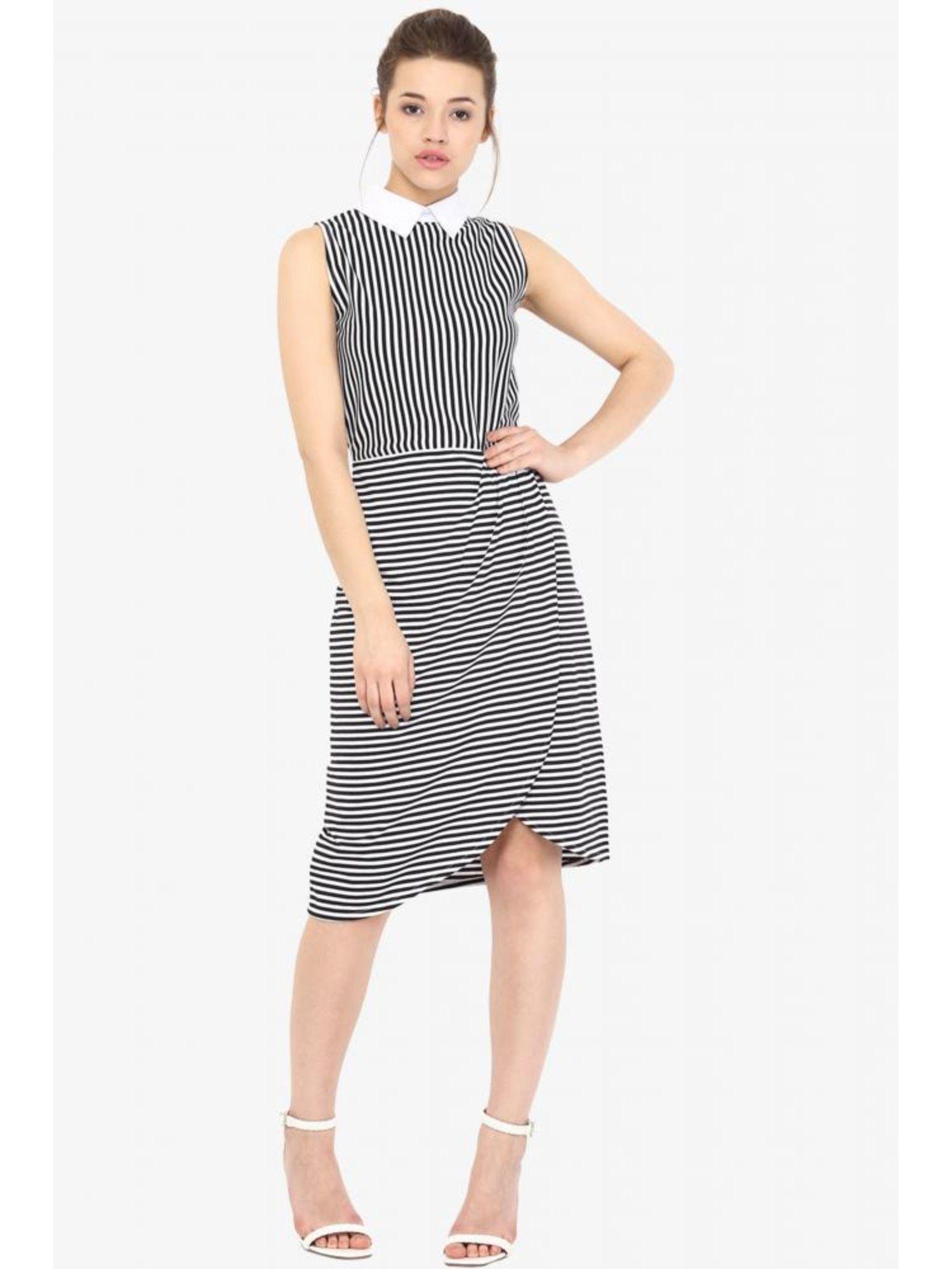 womens black & white sleeveless collar neck striped pleated knee length dress