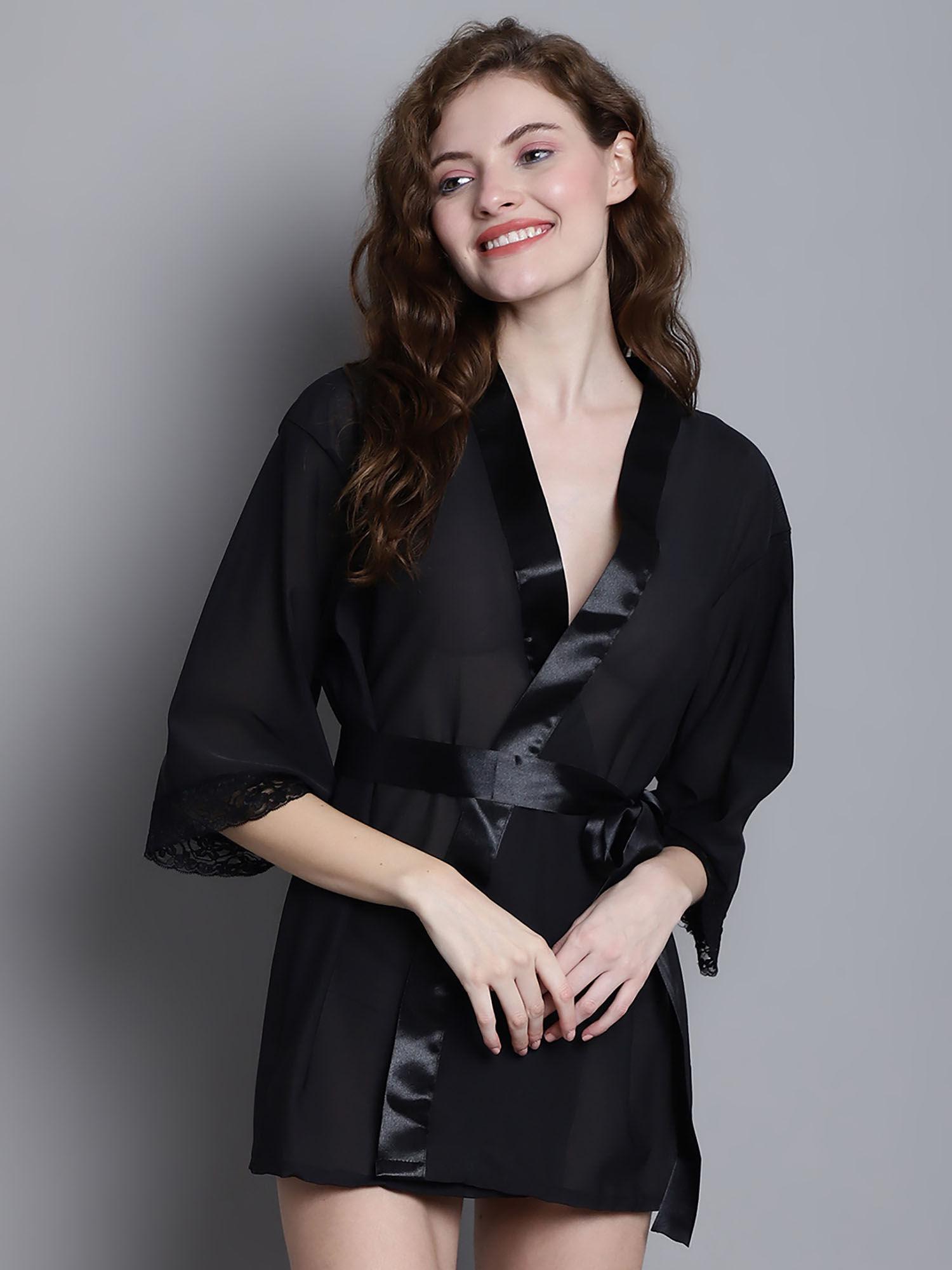 womens black above knee lace robe (set of 2)