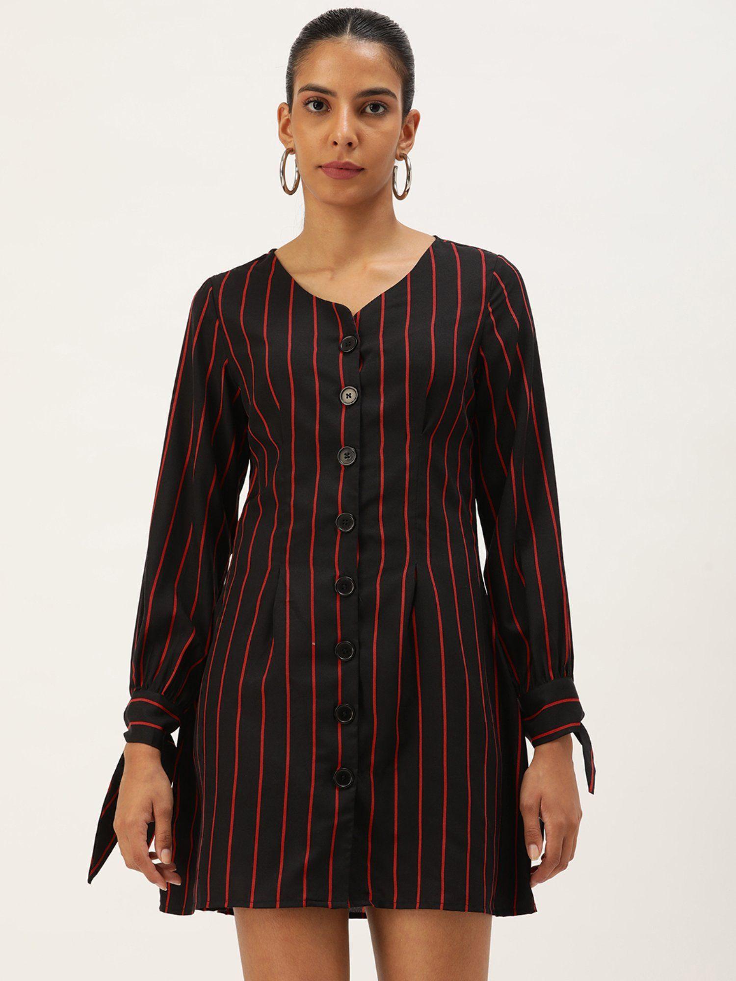 womens black and red stripped long sleeve crepe dress