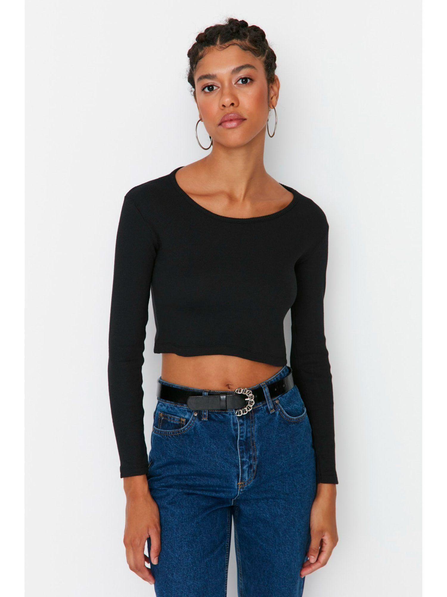 womens black and white textured crop top (pack of 2)