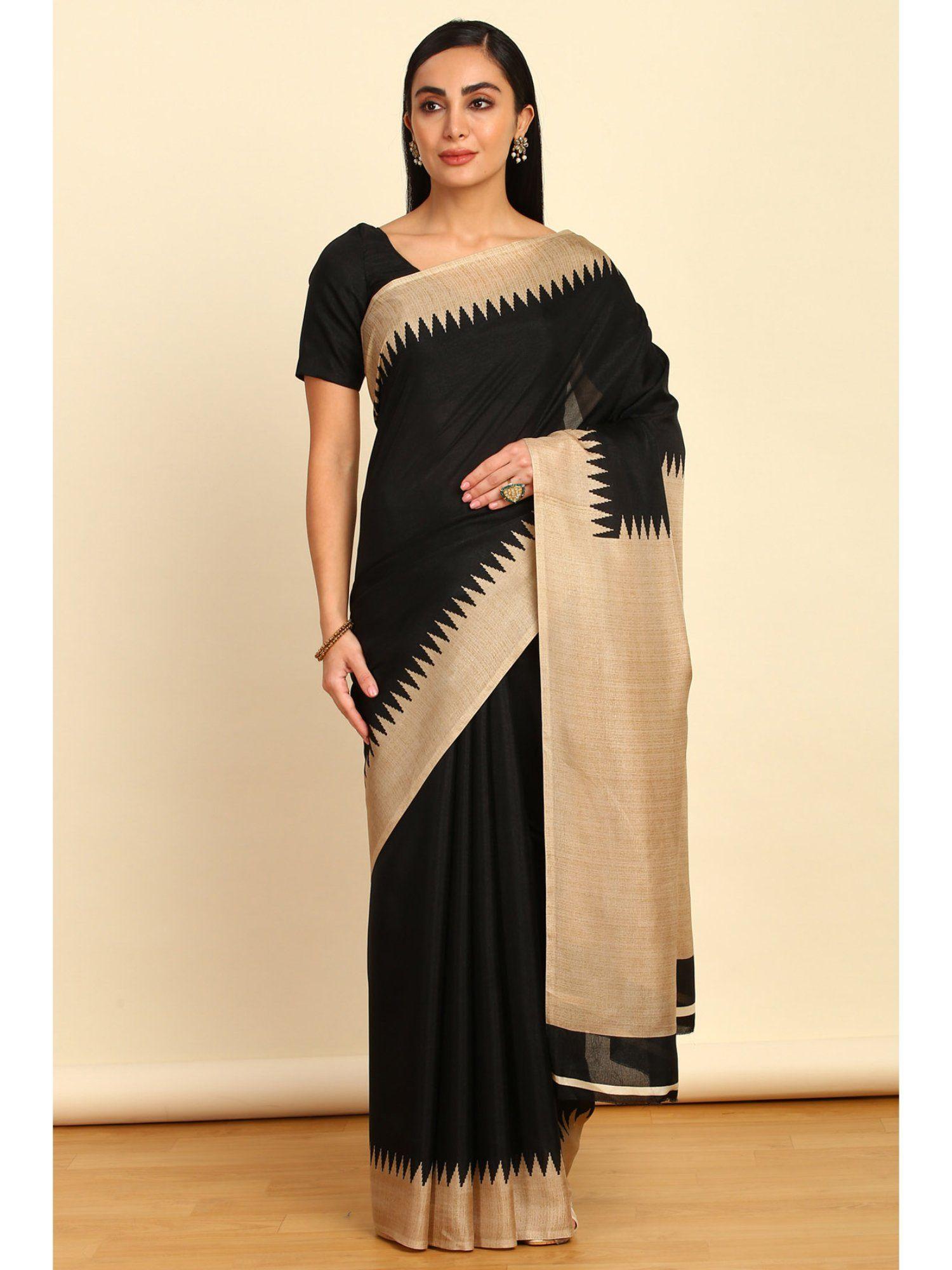 womens black art silk solid saree with unstitched blouse