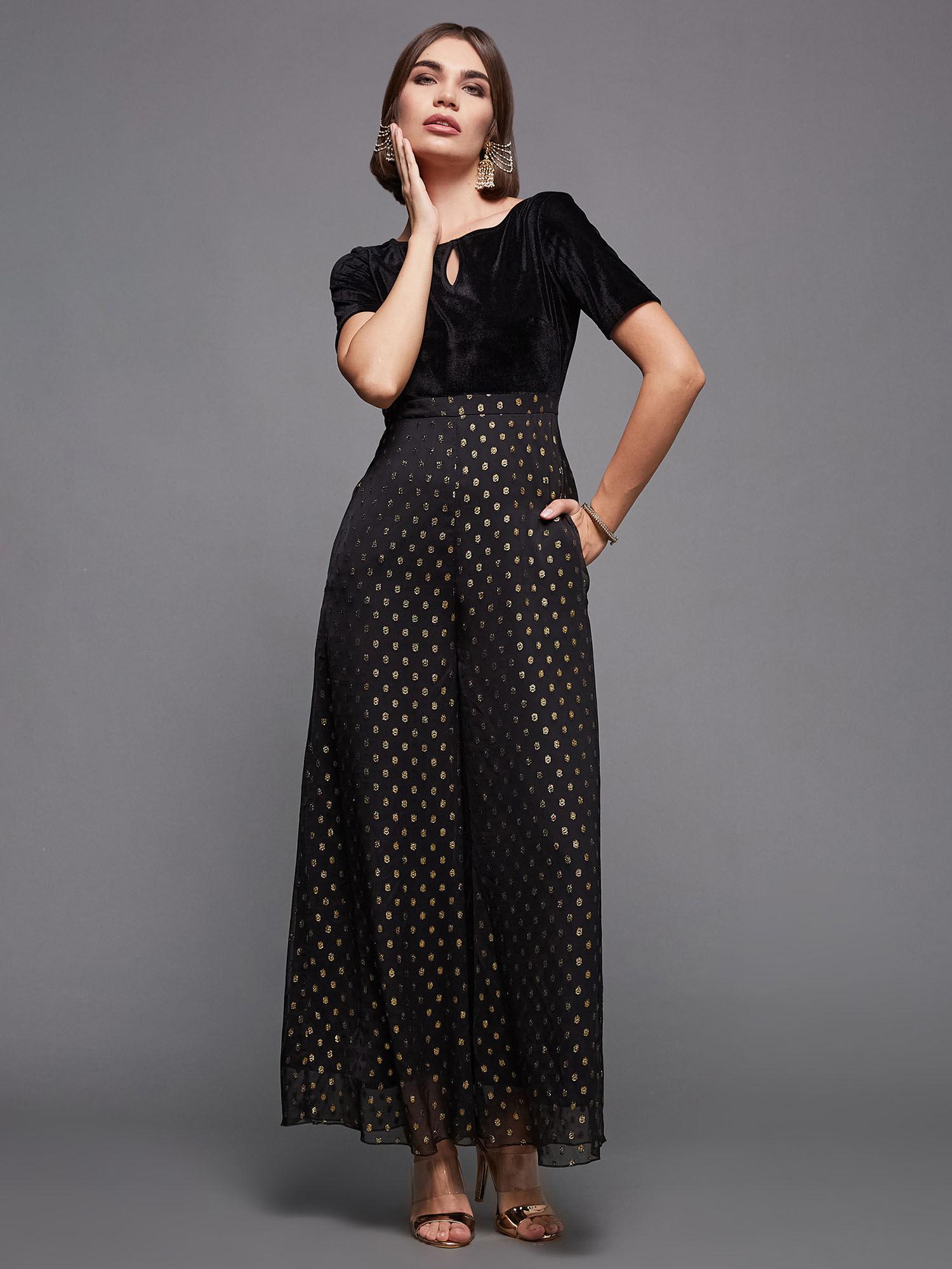 womens black boat neck half sleeve wide-leg polyester printed jumpsuit