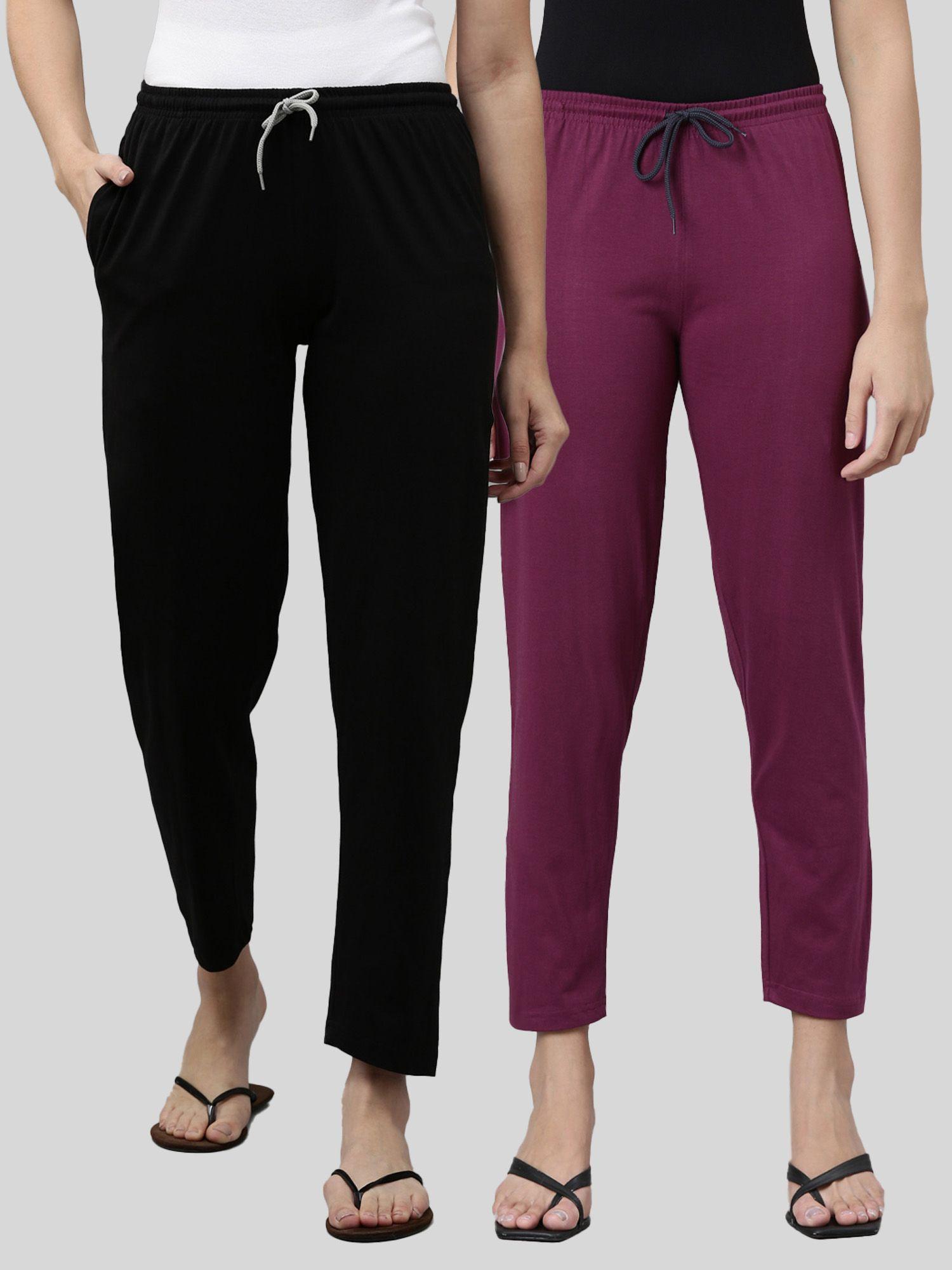 womens black burgundy mid waist cotton solid pants (pack of 2)