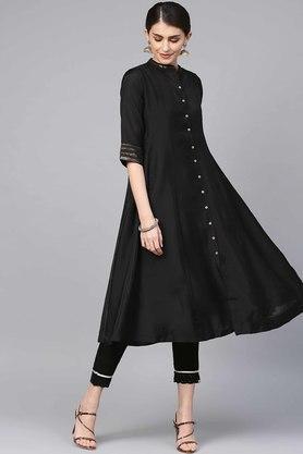 womens black chanderi embellished jacket style 2 piece kurta with cambric lining - black