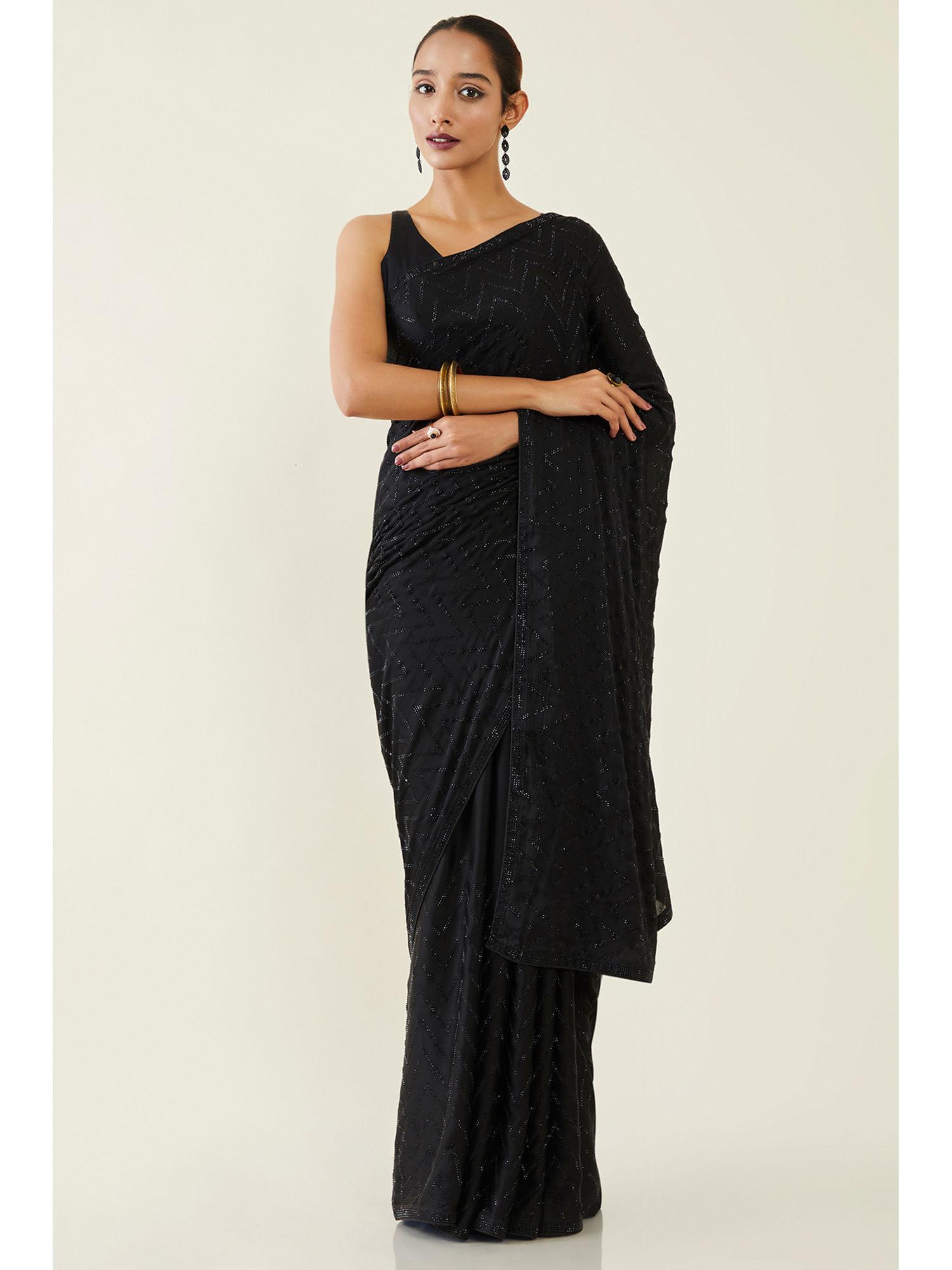 womens black chevron stone embellished crepe saree and blouse with unstitched