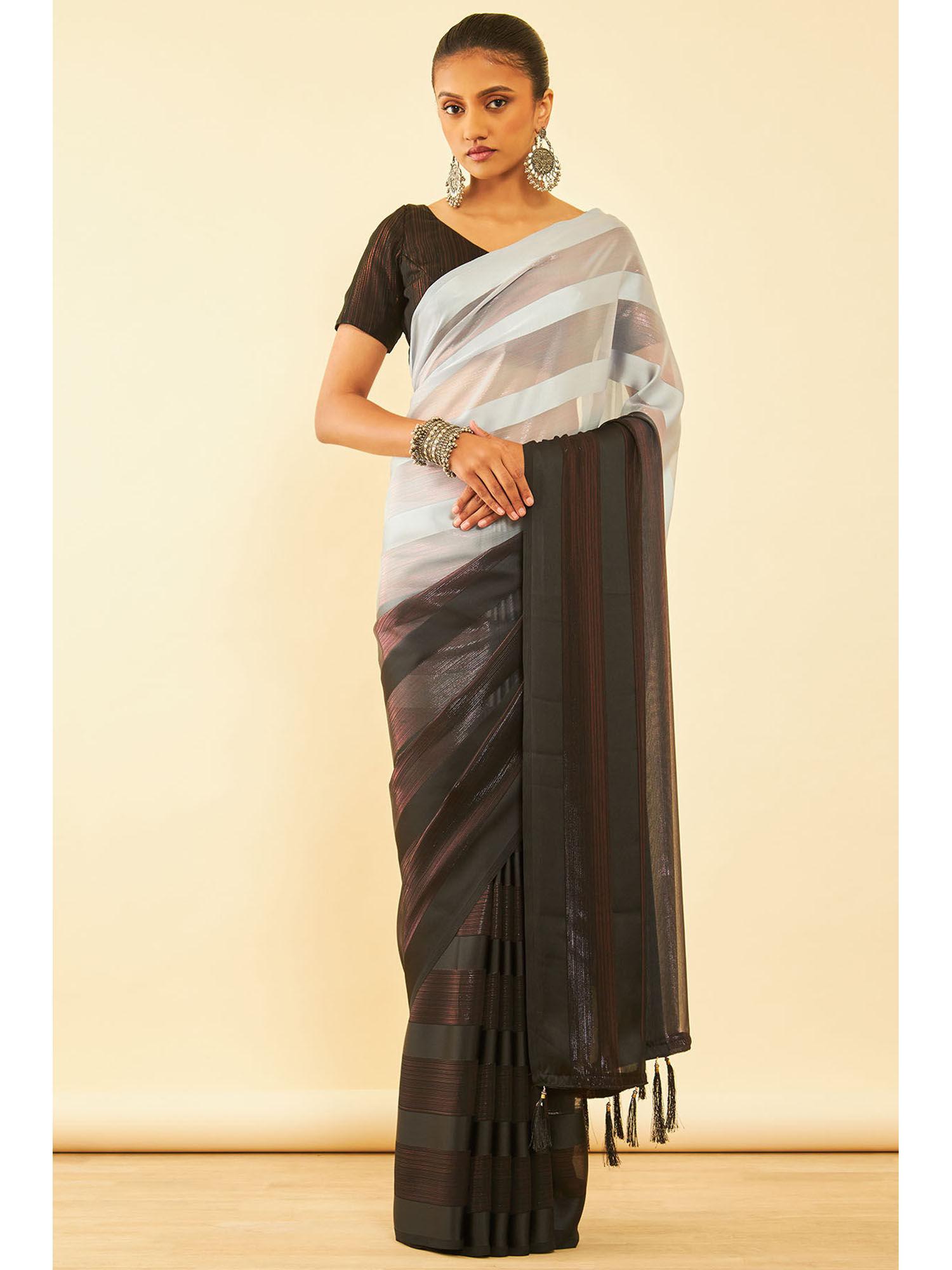 womens black chiffon striped saree with tassels with unstitched blouse